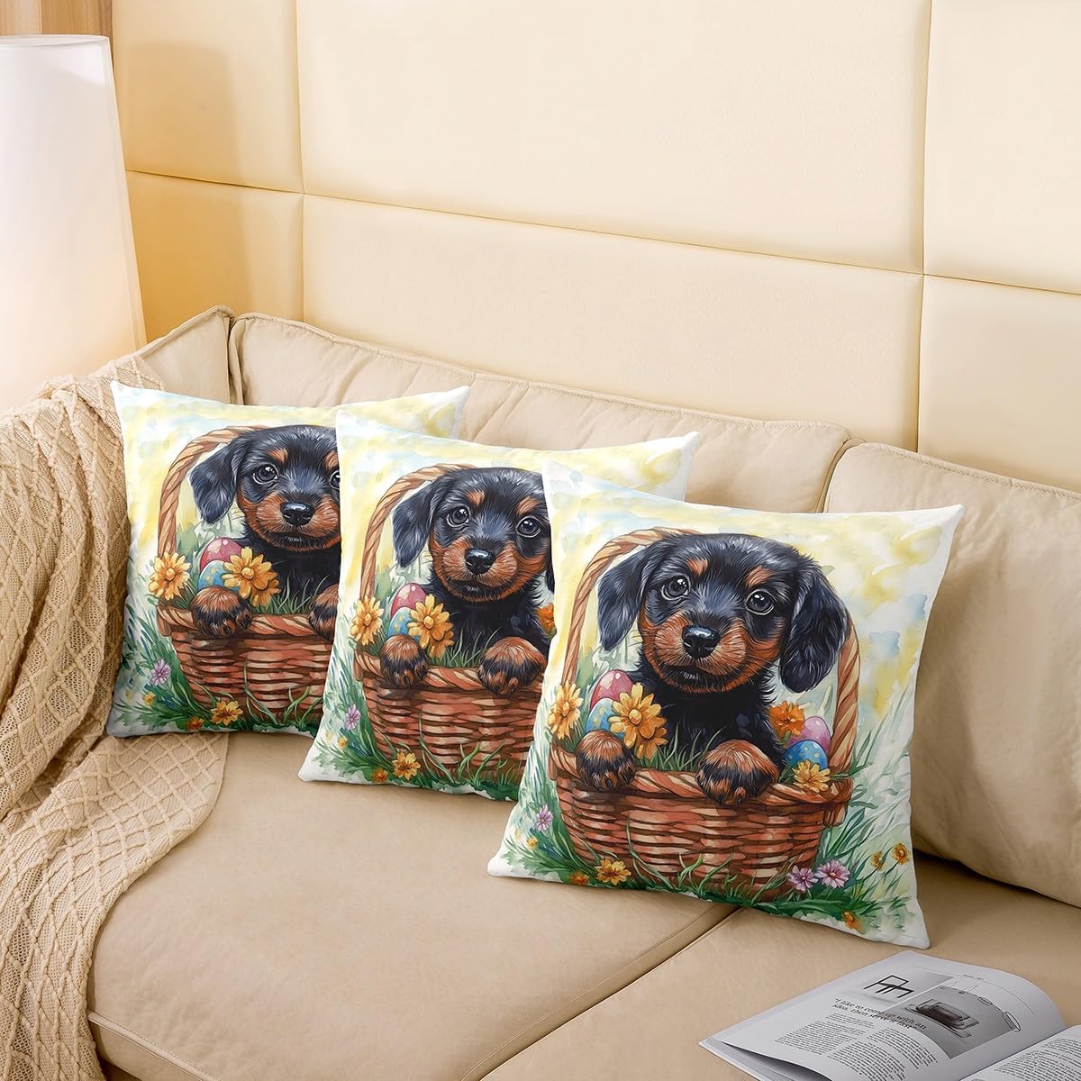 Cute Dog Throw Pillow Covers Set of 2 Happy Easter Eggs Cushion Covers for Couch Sofa Spring Style Lovely Puppy Decorative Pillowcases Soft Outdoor Pillows Covers,16"x16"