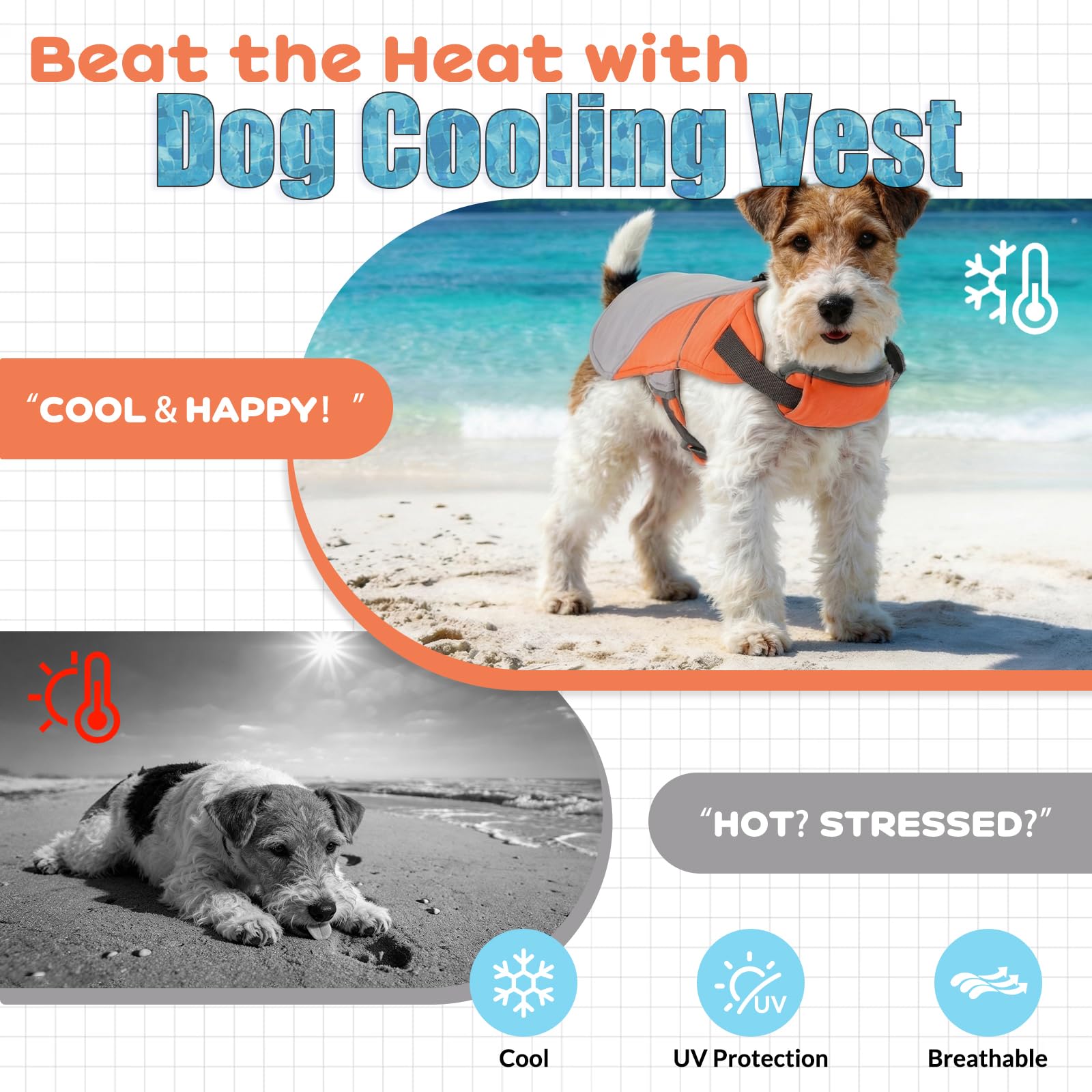 DENTRUN Dog Cooling Vest with Dual Absorbent Core, Adjustable Sun Protective Vest for Hot Weather, Doggie Ice Jacket Hiking Travel Summer Essentials, Reflective, Sun Protective Vest, Orange S