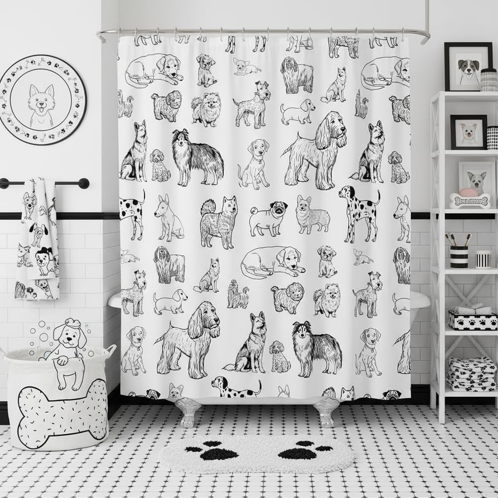 Homewish Cartoon Dog Shower Curtain Black White Dog Puppy Sketch Bathroom Curtains for Kids Girls Boys Adult Room Decor Cute Pet Animals Waterproof Quick Dry Fabric,12 Hooks,72" Wx72 L