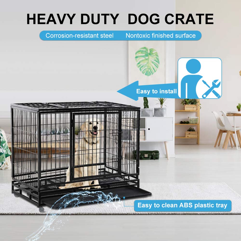 48" Heavy Duty Dog Crate – Large Metal Dog Cage with Lockable Wheels, Double Door & Tray – Secure Indoor Outdoor Kennel Playpen for Training – Strong Pet Enclosure, Black