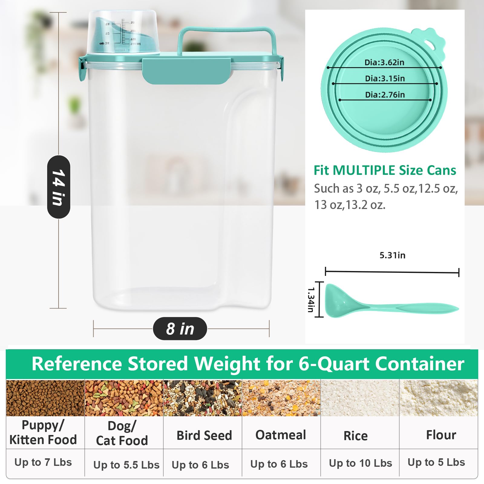 Pet Dog Cat Food Storage Container 5 to 7 lbs with Can Cover and Mixing Spoon, Airtight Travel Pet Food Storage Dispenser with Easy-pouring Spout & Cup, Kibble Dog Treat Bird Seed Container -Cyan