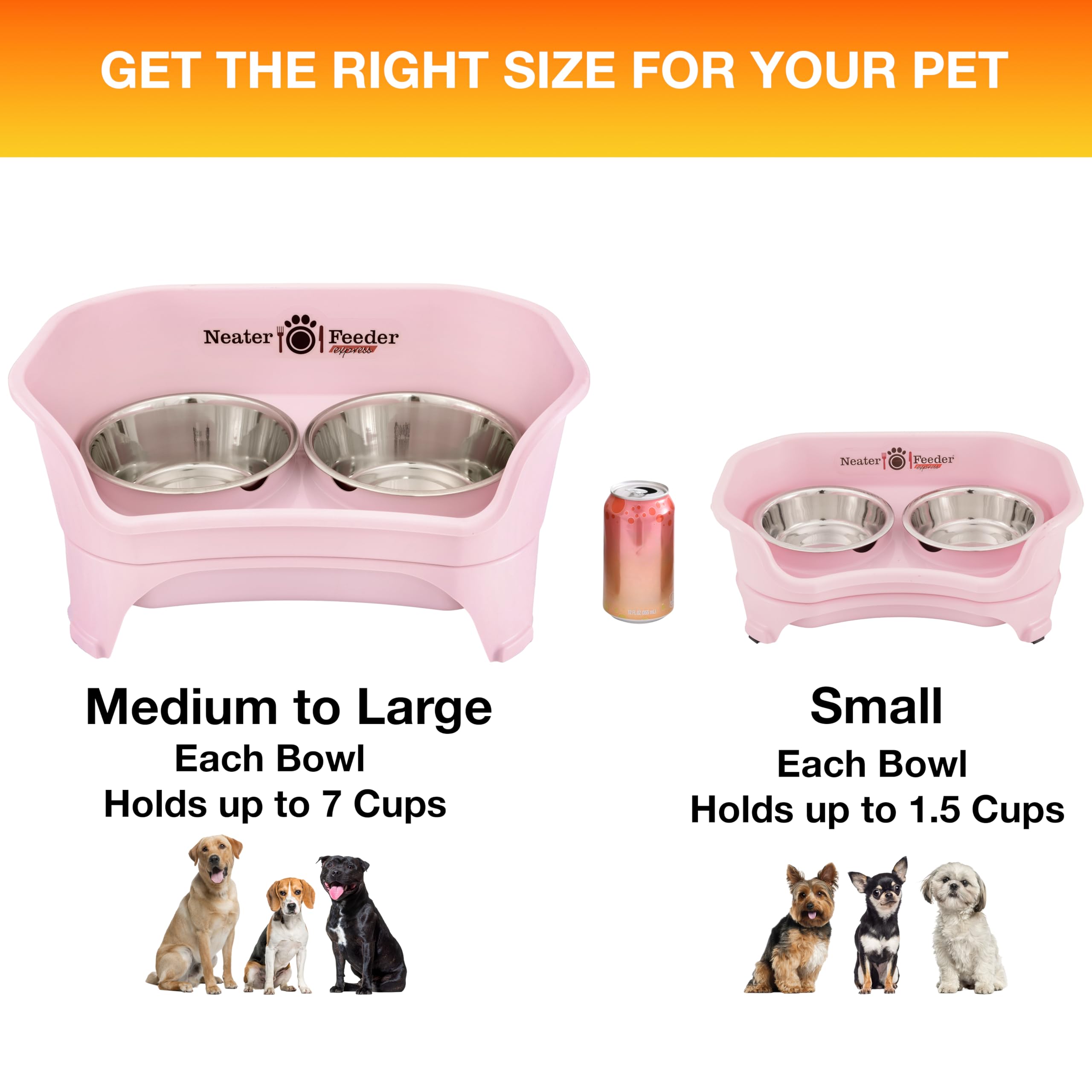 Neater Feeder Express Mess Proof Dog Bowls Elevated for Small Breeds Under 15 Lb, Made in USA, No Spill Raised Dog Food Bowl Stand, Stainless Steel Food and Water Bowl Set, Feeding Station, Pink