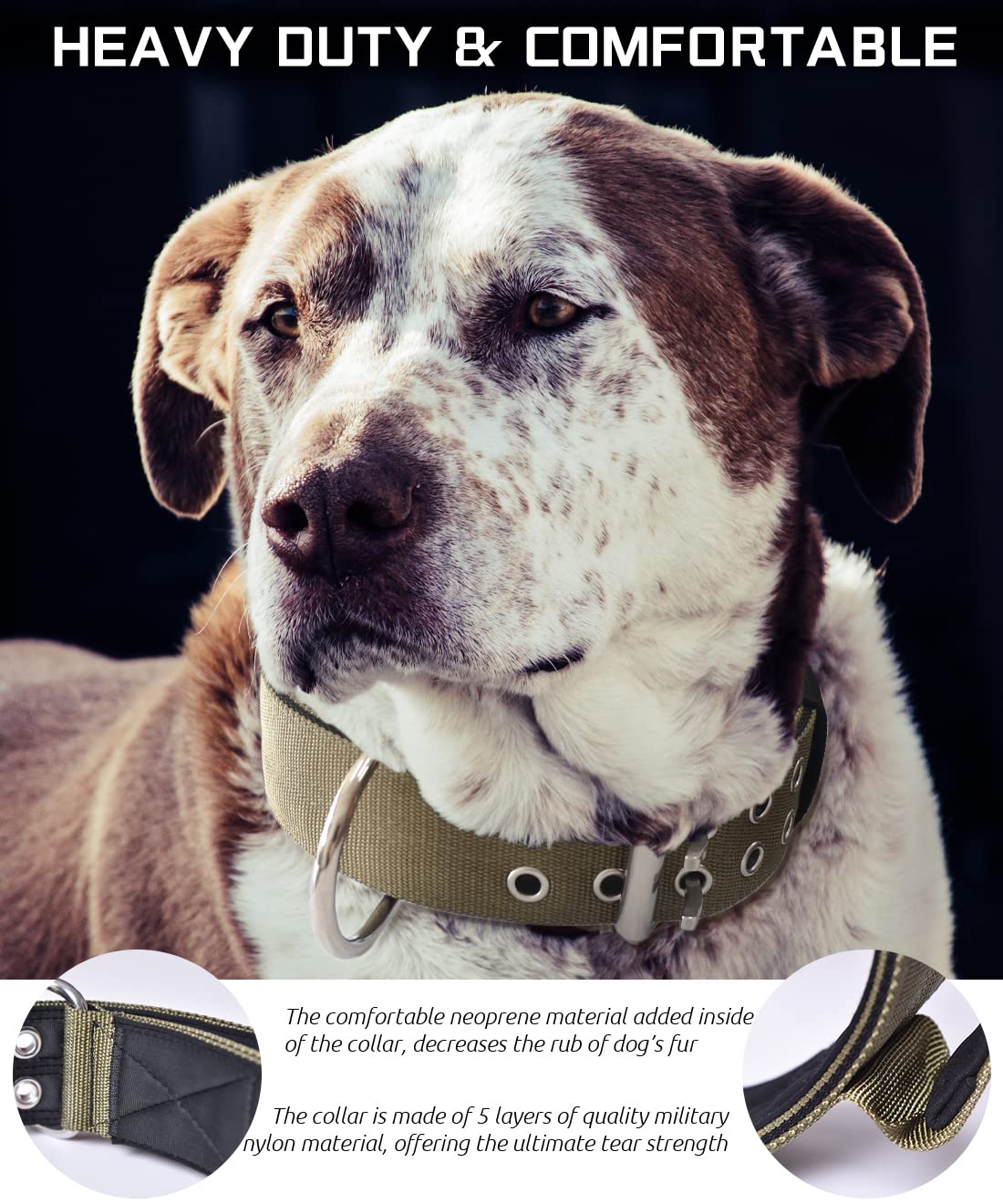 Large Dog Collar Heavy Duty - 2 inch Wide with Handle for Extra Large Breed Dogs, 1/3" Thick Nylon Chew Proof Tactical Collar, Good Choice for German Shepherd,Pitbull,Rottweiler,Green,13.5-19 in