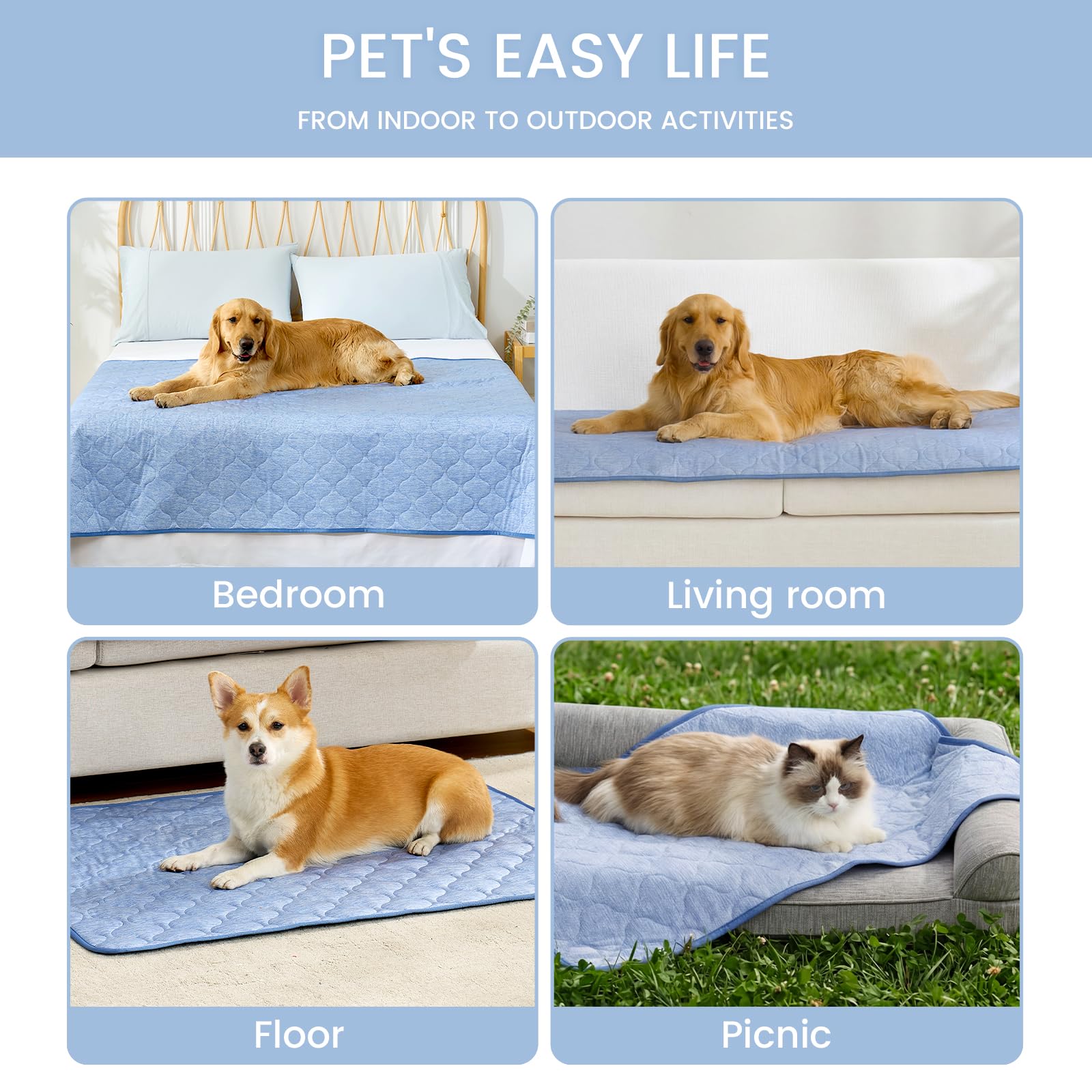 Cozy Bliss Deluxe Leakproof Cooling Blanket for Medium Dogs Q-Max 0.46, Soft & Durable Washable Pet Cooling Mat for Hot Weather, Livingroom, Pet Throw & Couch Protector for Cats, Haze Blue, 30"x40"