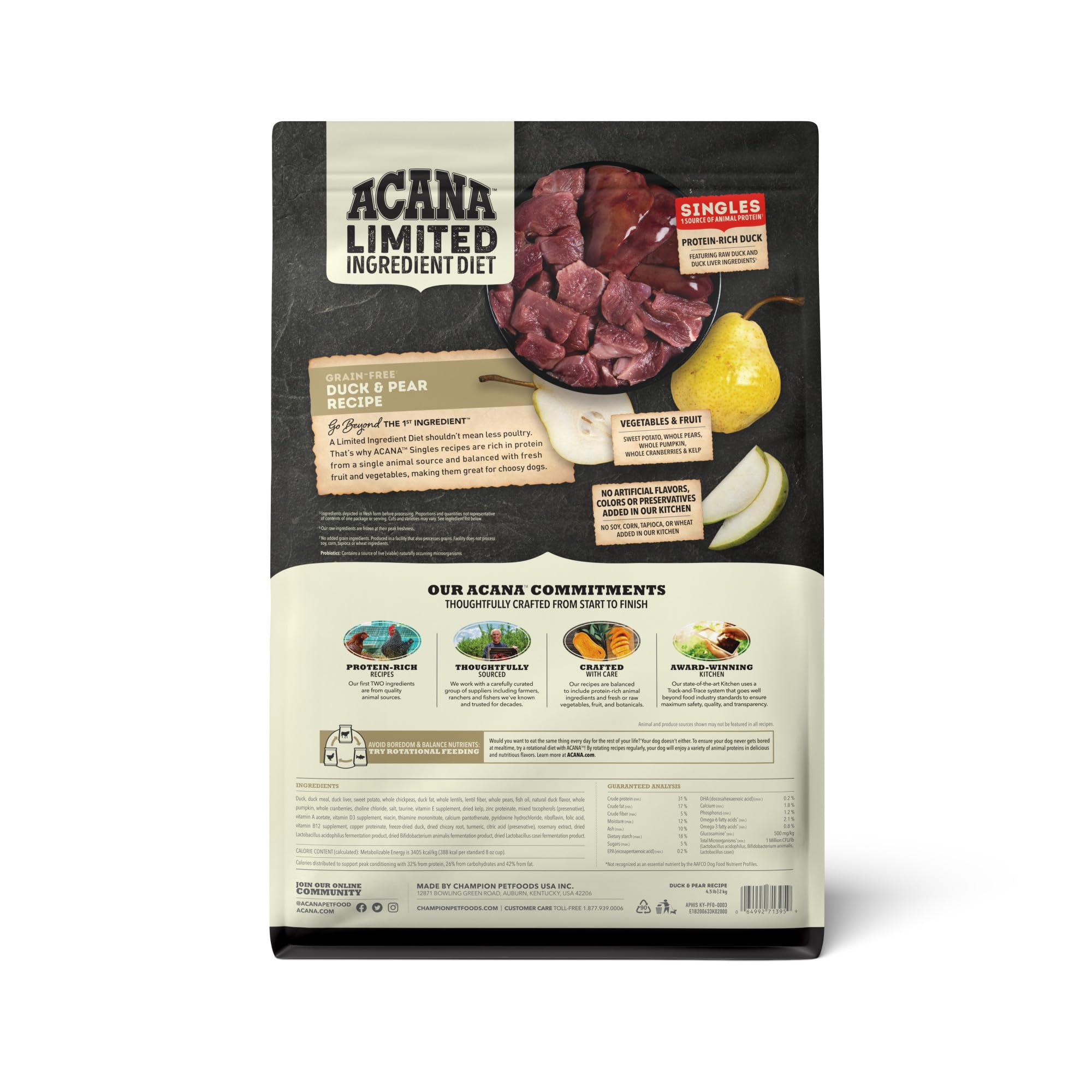 ACANA Singles Limited Ingredient Grain Free High Protein Dry Dog Food Duck & Pear Recipe 4.5lb Bag
