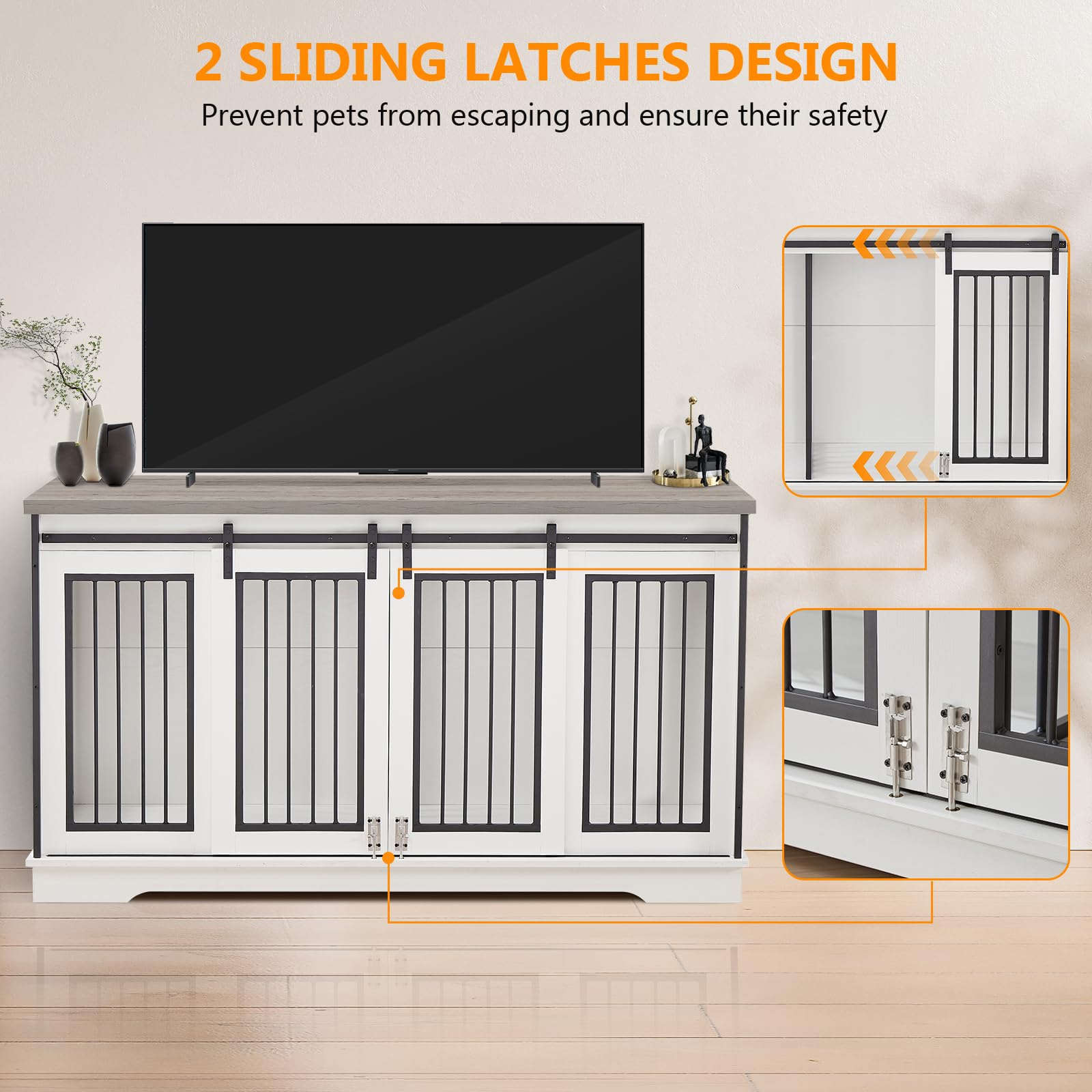 Yafylly 60.6 Inch Double Dog Crate with Divider, 2-in-1 Heavy Duty Dog Crate TV Stand with 2 Sliding Doors and Thick Iron, Indoor Dog House for 2 Dogs (White)