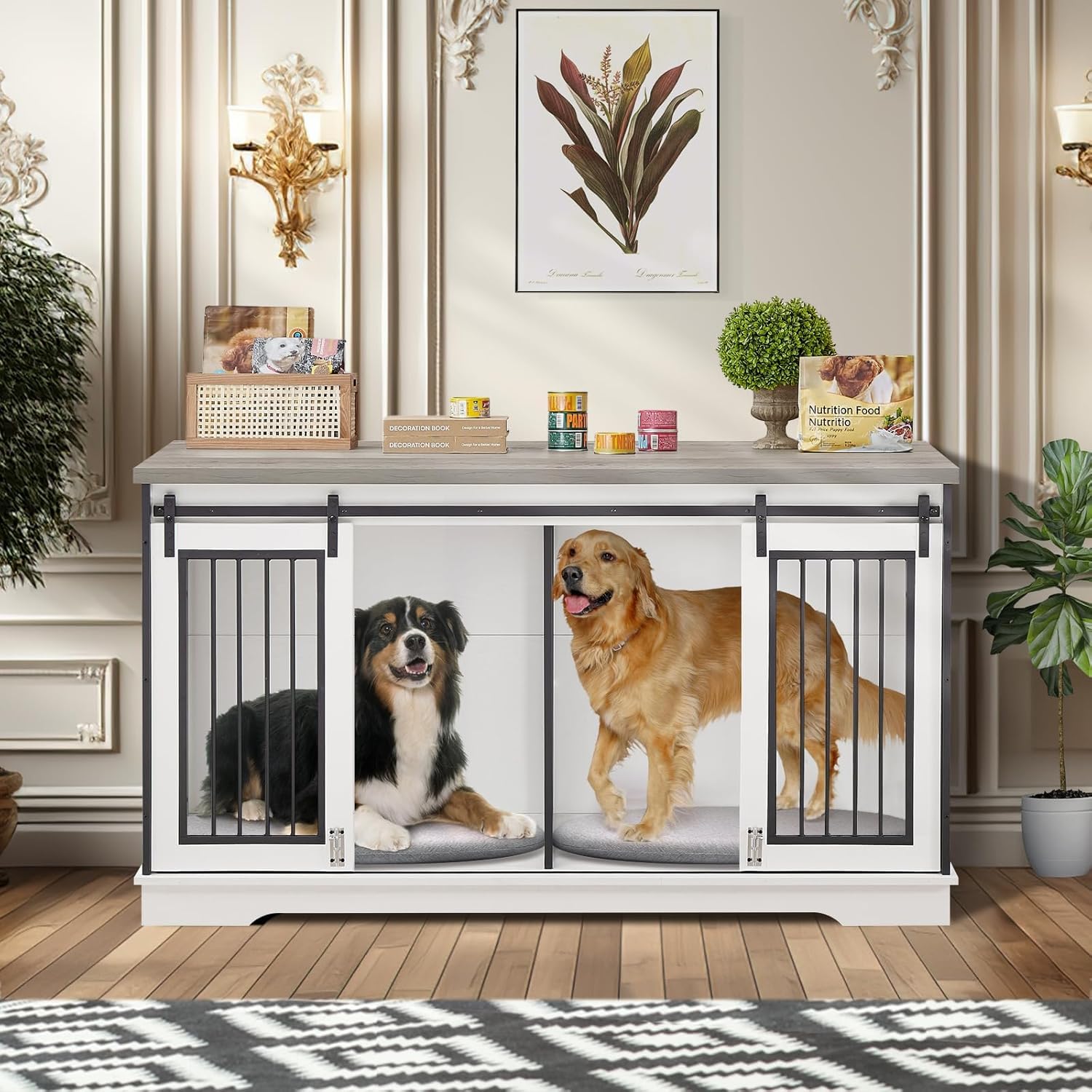 Yafylly 60.6 Inch Double Dog Crate with Divider, 2-in-1 Heavy Duty Dog Crate TV Stand with 2 Sliding Doors and Thick Iron, Indoor Dog House for 2 Dogs (White)