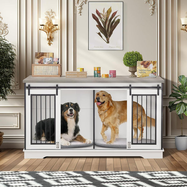 Yafylly 60.6 Inch Double Dog Crate with Divider, 2-in-1 Heavy Duty Dog Crate TV Stand with 2 Sliding Doors and Thick Iron, Indoor Dog House for 2 Dogs (White)