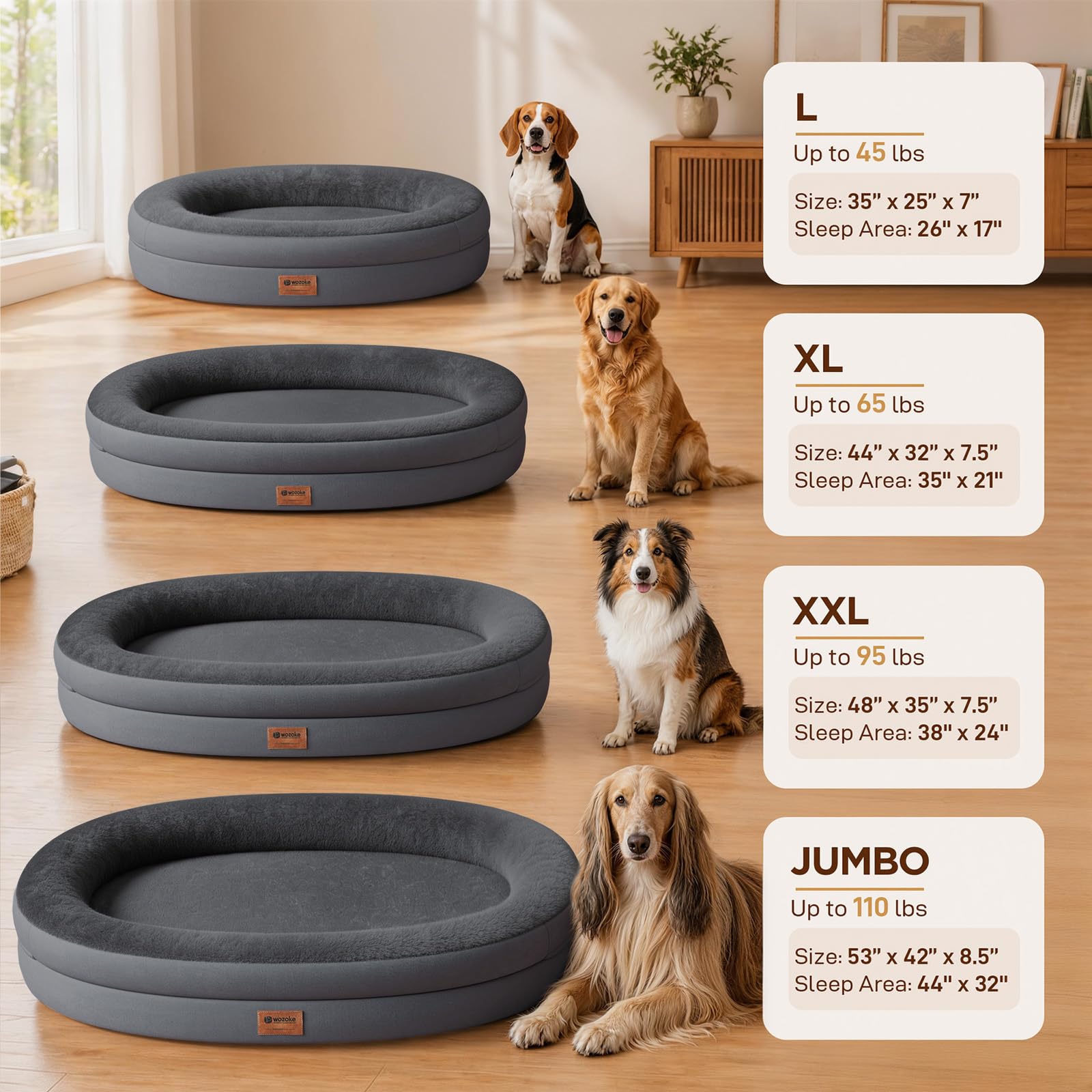 WOZOKE Orthopedic Dog Bed for Large Dogs, Waterproof Dog Bed for Large Size Dogs with Bolsters, Egg Crate Foam Sofa Bed with Washable Removable Cover & Non-Slip Bottom, Dark Grey