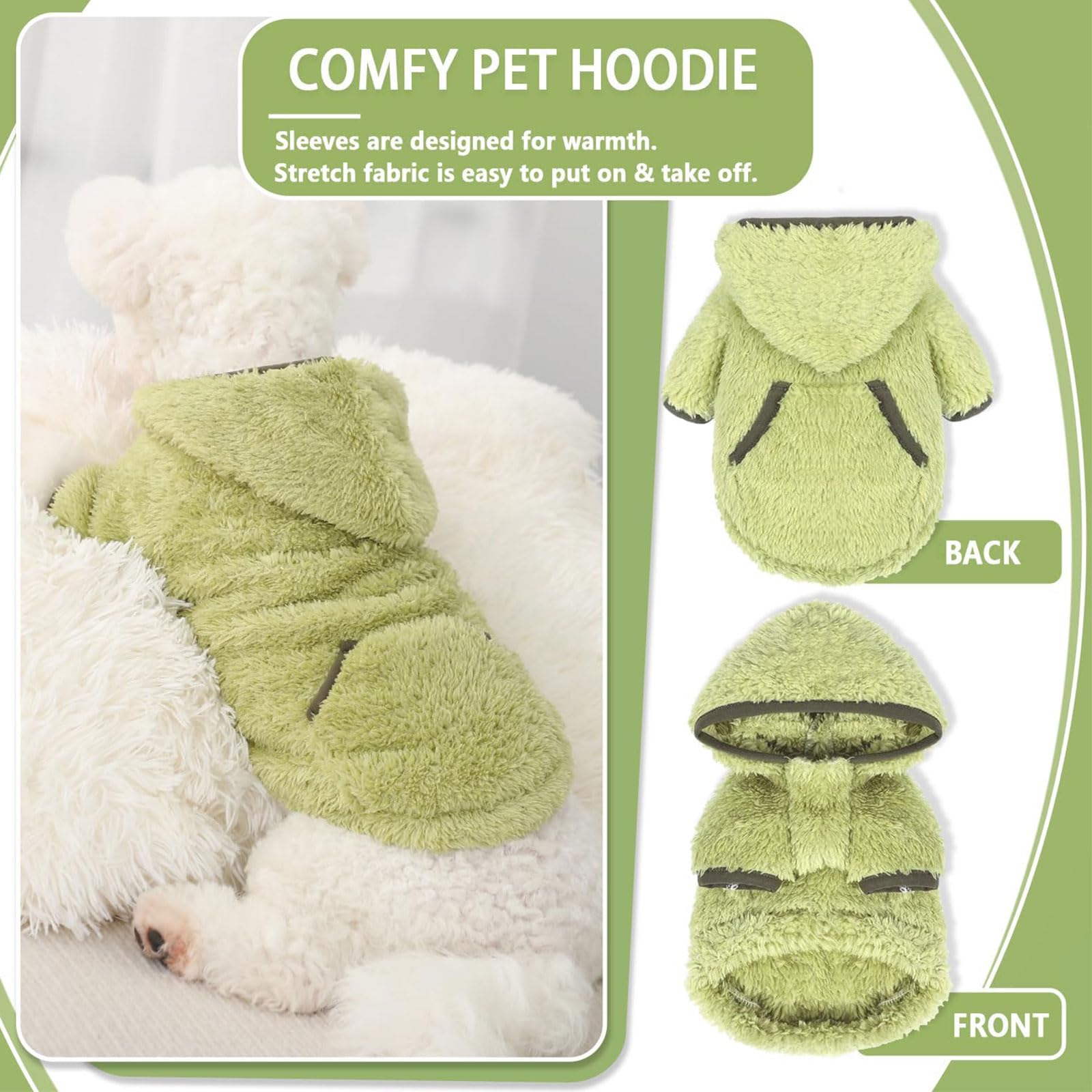 Fleece Dog Sweater Hoodie Sweatshirts Warm Fuzzy Velvet Sweaters Winter Clothes for Small Dogs Girl Boy Pet Coats Cat Apparel(Green Avocado, X-Small