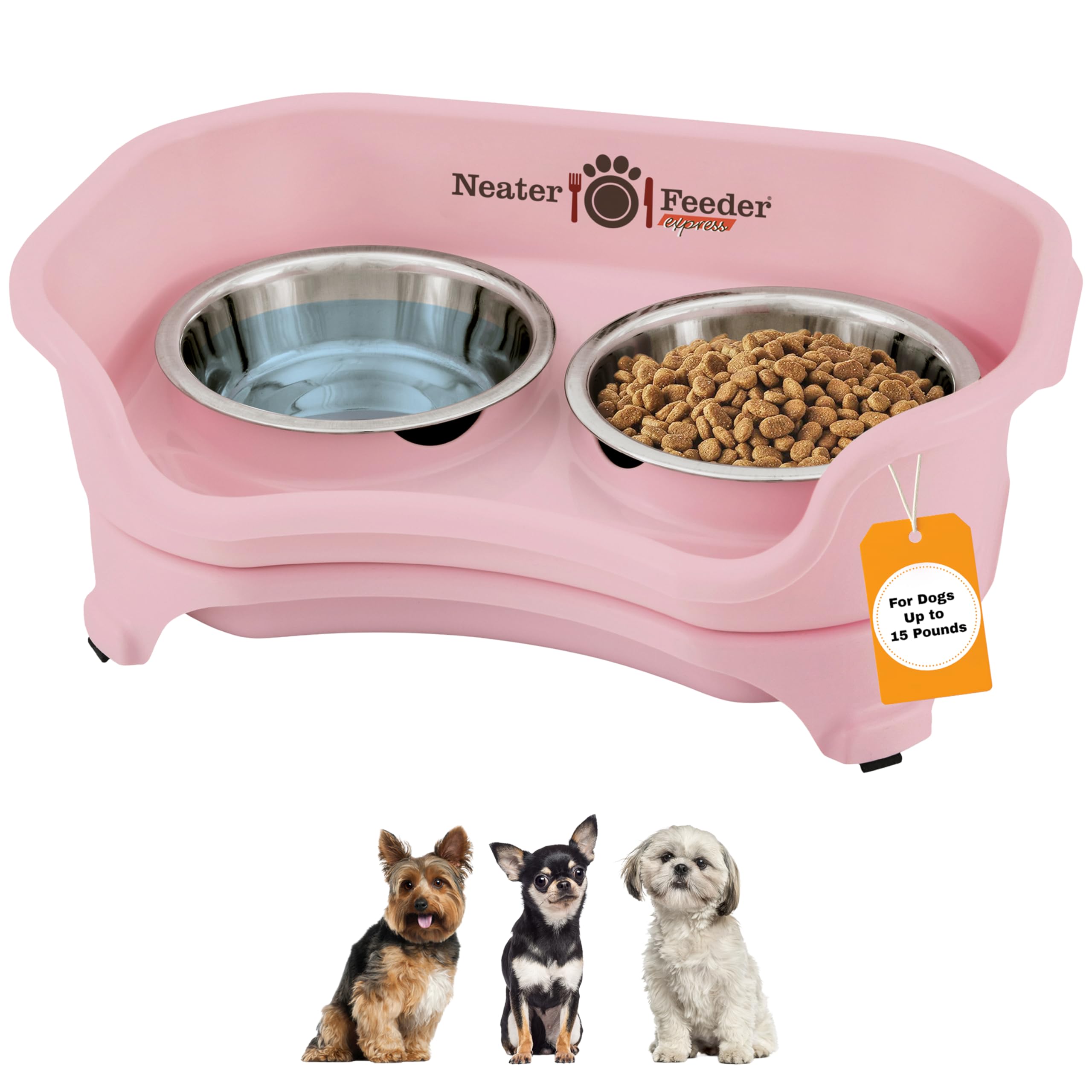 Neater Feeder Express Mess Proof Dog Bowls Elevated for Small Breeds Under 15 Lb, Made in USA, No Spill Raised Dog Food Bowl Stand, Stainless Steel Food and Water Bowl Set, Feeding Station, Pink
