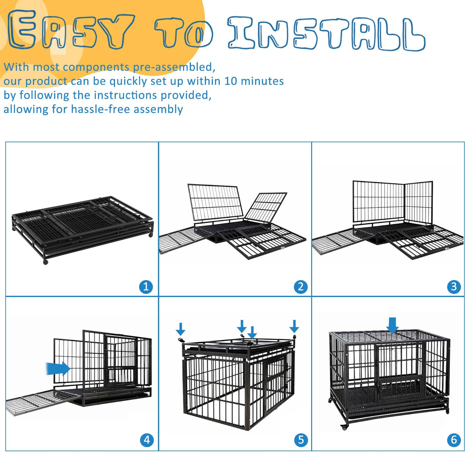 48 Inch Large Dog Crate Dog Kennel Indoor Outdoor Big Cage Dog Crates for Large Medium Small Dogs Heavy Duty Dog Crate Indestructible XXL XL Metal Pet Cage with Wheels Tray Double Door