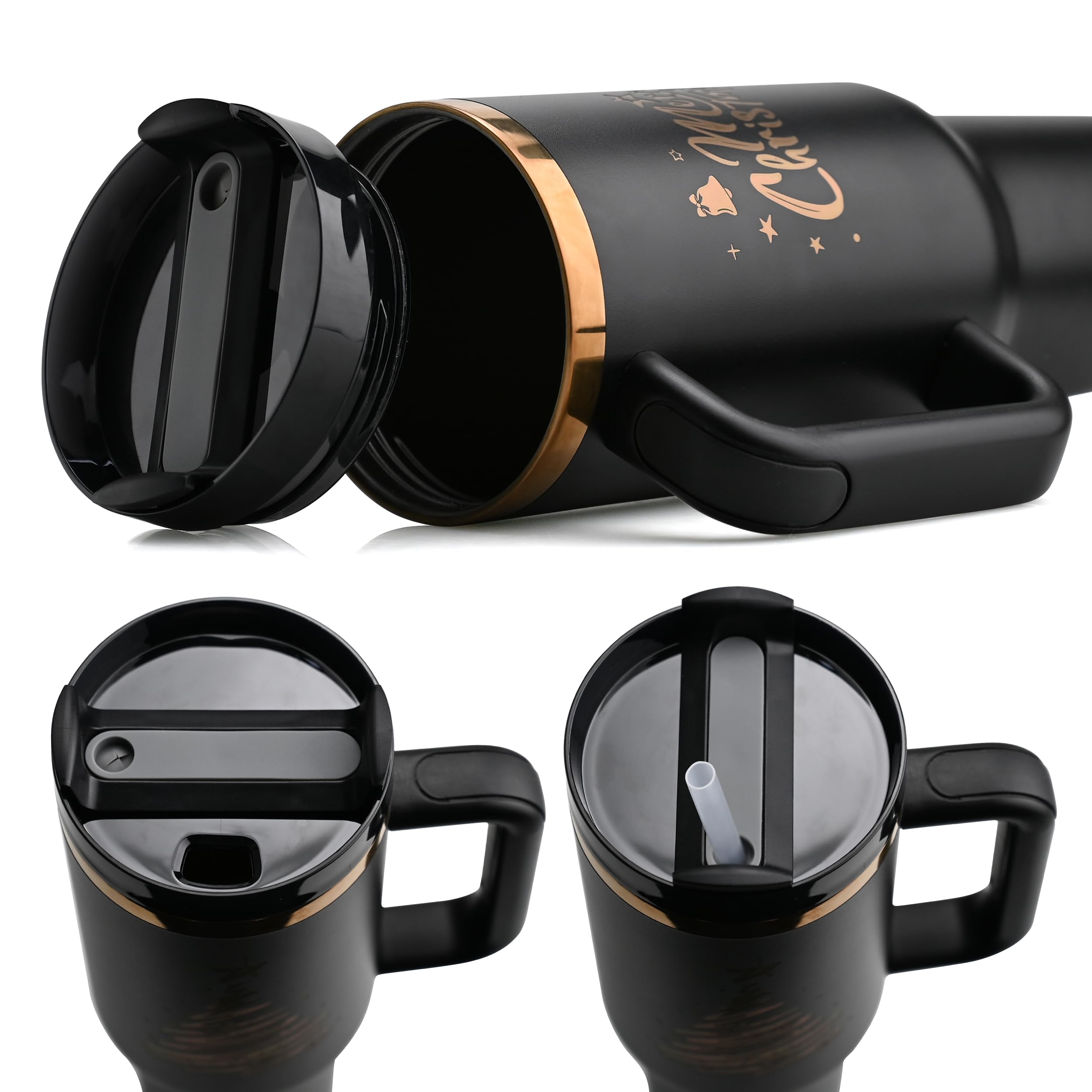 KEWIXY 40 oz Tumbler With Handle and Straw,Vacuum Insulated Water Bottle, Leak Proof Fits in Cup Holder, Travel Coffee Mug with Lid -Golden Christmas Treex1