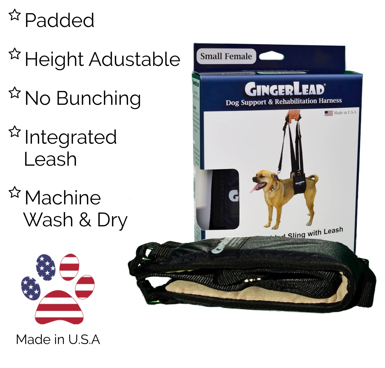 GINGERLEAD Dog Sling Support Harness, SM Female fits Small to Medium Size Pets or Larger Barrel Chested Dogs Like Boxers or Bullies. Padded Rear Lifting Aid with Leash. Made in U.S.A.