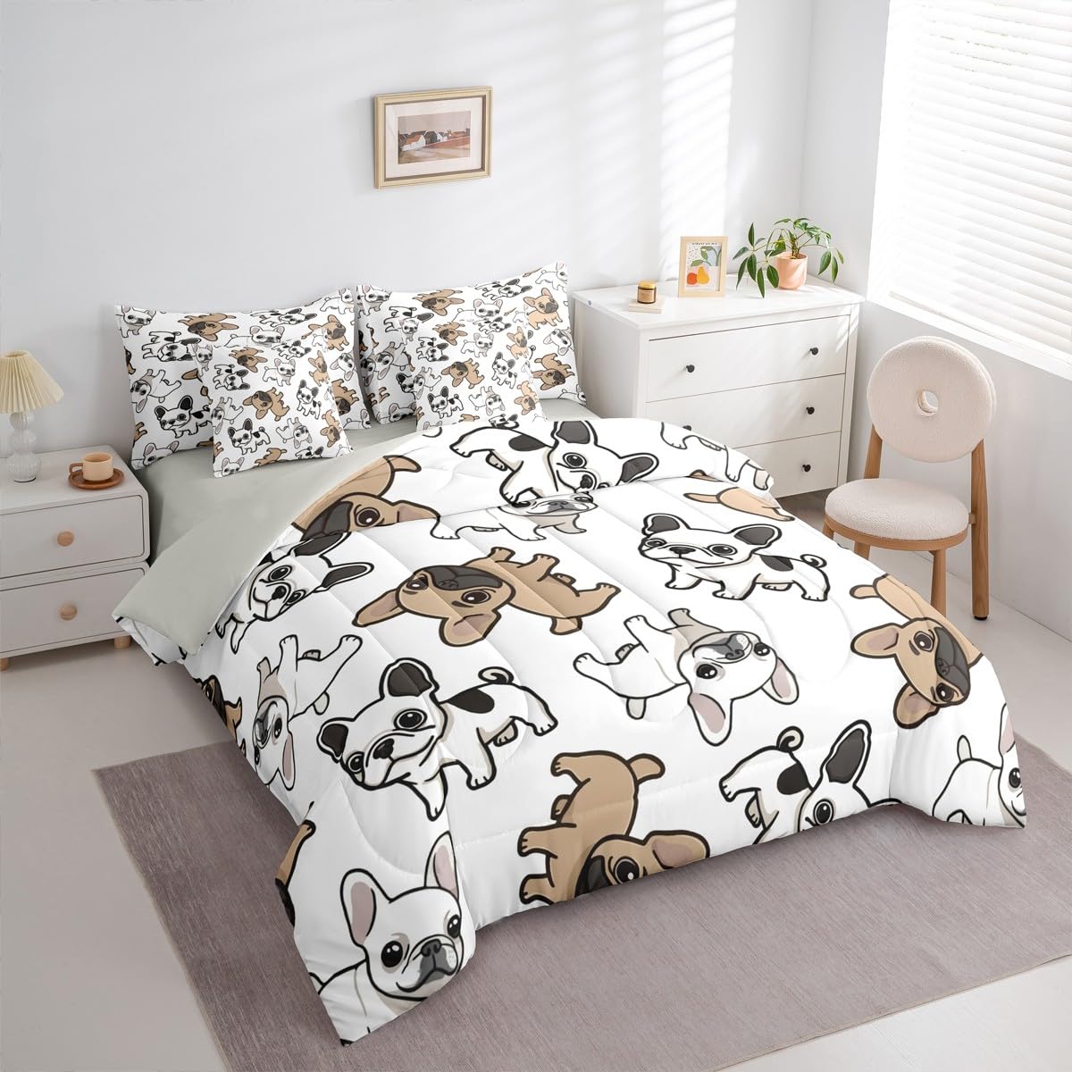 Manfei French Bulldogs Full Size Comforter,Cute Cartoon Animal Bedding Set 7 Piece, Pet Dog Lover Puppy Decor for Boys Girls,Brown White（Fitted+Sheet+2 Pillowcases+2 Throw Pillow Covers）