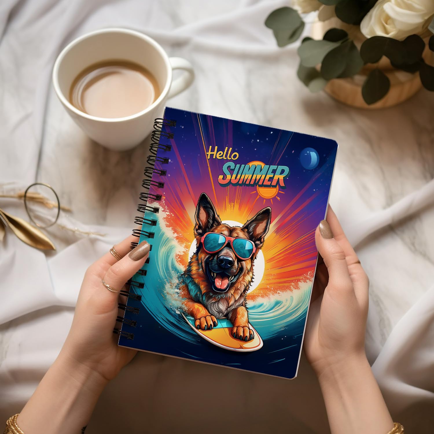Ninety3POD Retro Surfing German Shepherd in Cool Sunglasses Hello Summer Waves Spiral Bound Journal Alsatian Dog Lover Gifts 5x7in Spiral Notebook 001