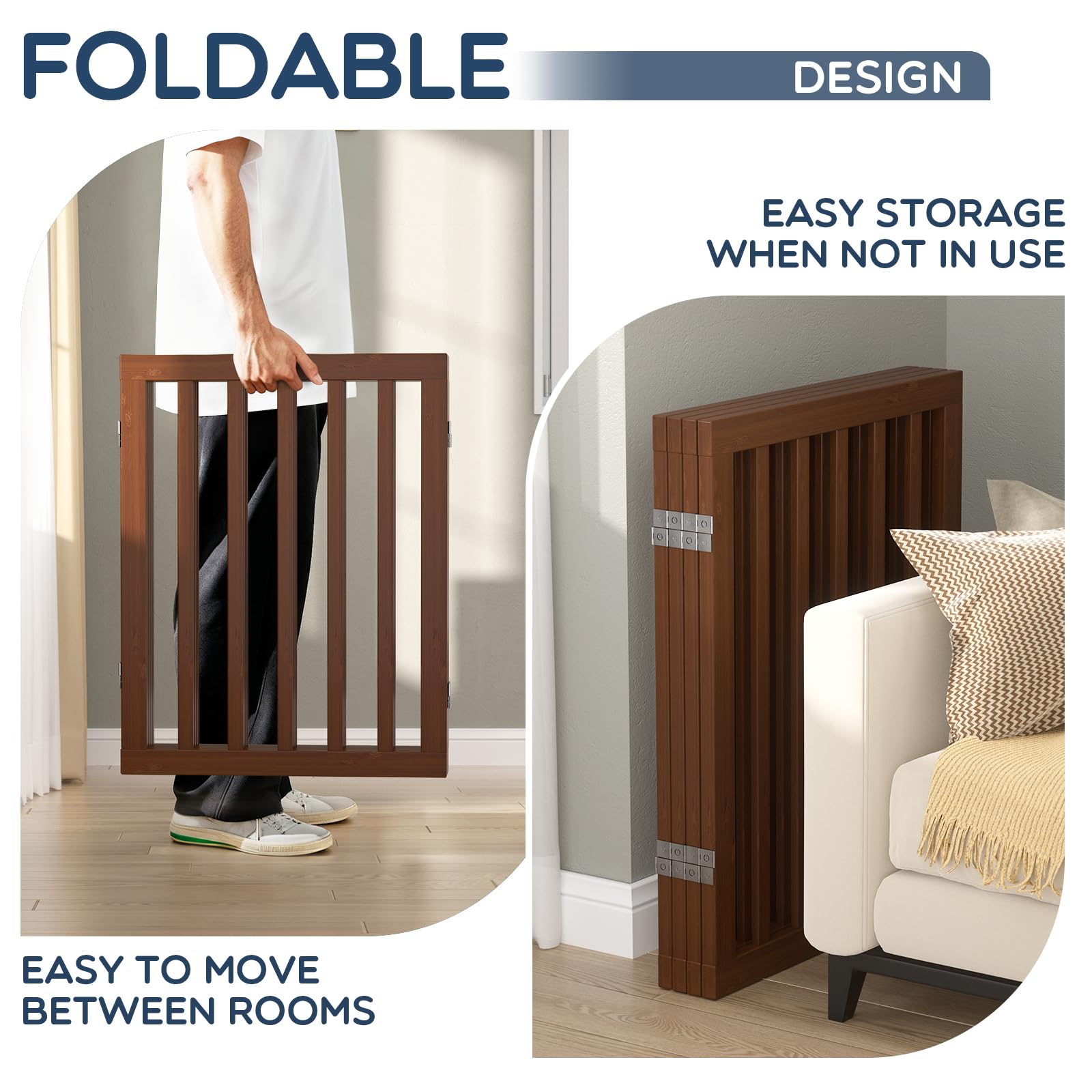 Homykic Bamboo Freestanding Dog Gate, No Assembly Pet Gate Indoor, 24”H x 75”W Extra Wide Foldable Puppy Barrier Fence with Support Feet for the House, Doorways Stairs, 4 Panels, No Drillings, Walnut