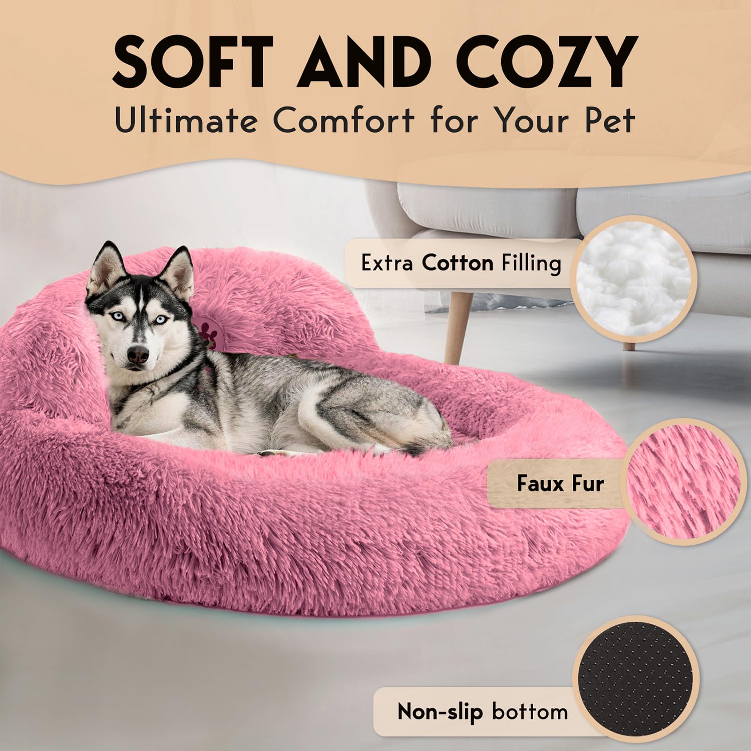PetJett Large Dog Bed - 36'' Calming Donut Dog Beds, Anti-Slip & Washable Large Round Bed, Fluffy Faux Fur Pet Bed, Super Soft Anti-Anxiety Premium Comfort Bed, Fits Dogs up to 80 lbs - Pink