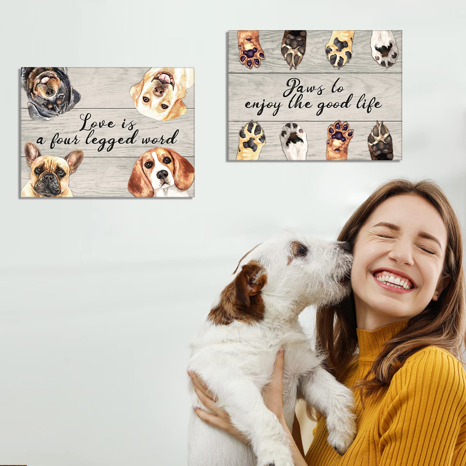 KAIRNE Love is a Four Legged Word Art Prints,Dogs Signs for Home Decor,Animals Paintings,Pet Dogs Footprints Wall Art set of 2 (12x16inch,framed) Cute Puppy Paws Posters For Dog Lover Home Decoration