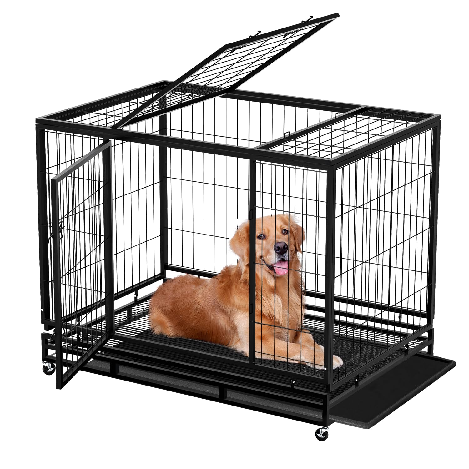 48 Inch Large Dog Crate Dog Kennel Indoor Outdoor Big Cage Dog Crates for Large Medium Small Dogs Heavy Duty Dog Crate Indestructible XXL XL Metal Pet Cage with Wheels Tray Double Door