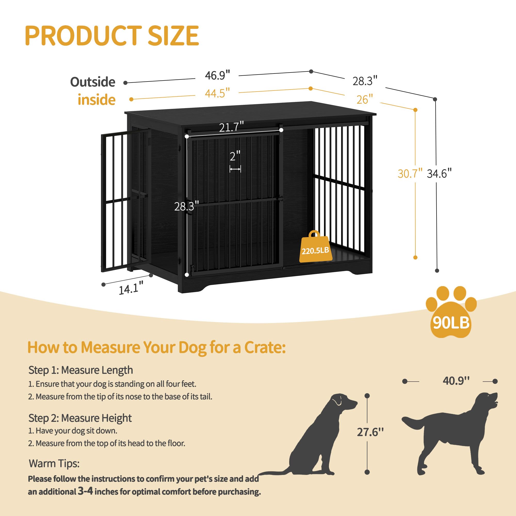 Hzuaneri XXL Large Dog Crate Furniture, 46.9" Indoor Dog Kennel Furniture with Barn Door, Wooden Tall Dog Crate, Heavy Duty Dog Cage for Large Dogs, Side End Table, Anti-Chew, Black DFC83804B