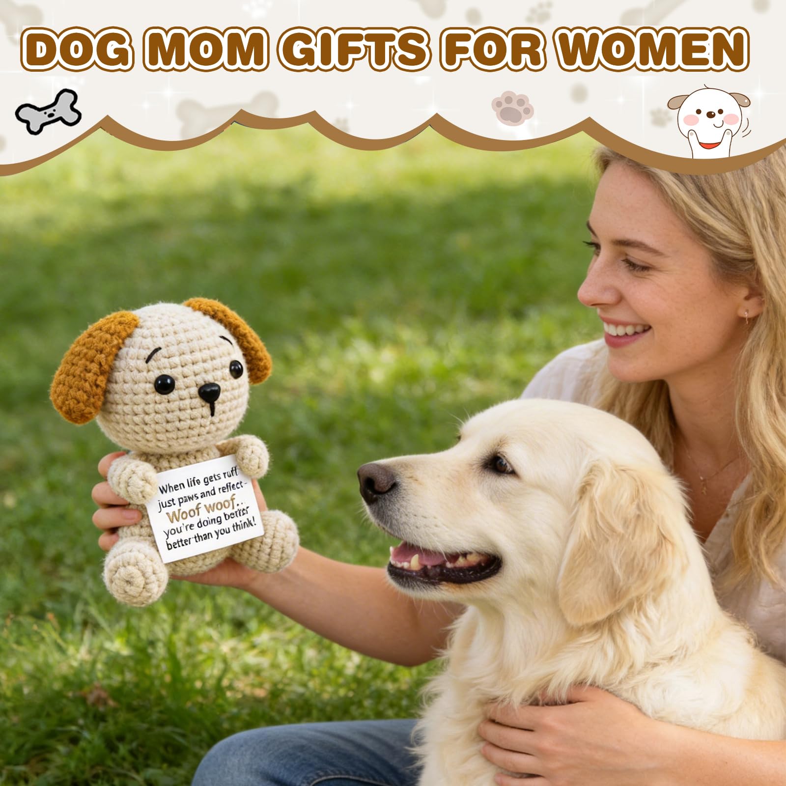 hixkvpen ﻿Dog Dad Gifts for Men from Daughter Son, Emotional Support Crochet Dog with Inspirational Card, Golden Retriever Stuffed Animal for Dog Lovers Women, Handmade