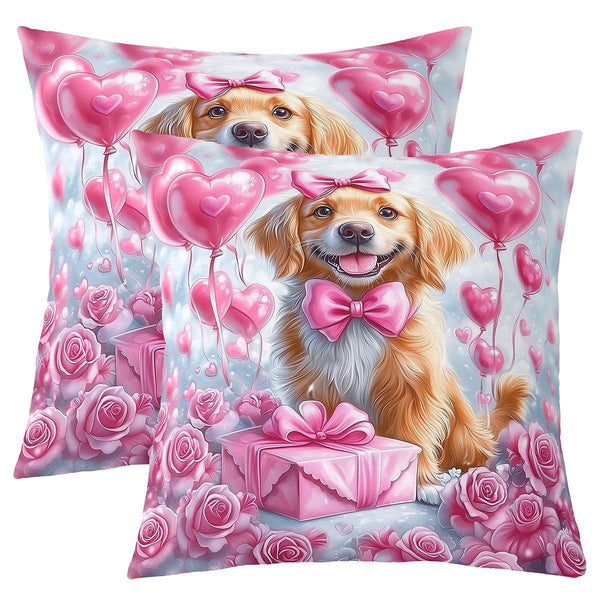 Manfei Cute Dog Throw Pillow Covers Set of 2 Pink Rose Flowers Balloon Cushion Covers for Couch Sofa Valentine's Day Puppy Decorative Pillowcases Soft Outdoor Pillows Covers,16"x16"