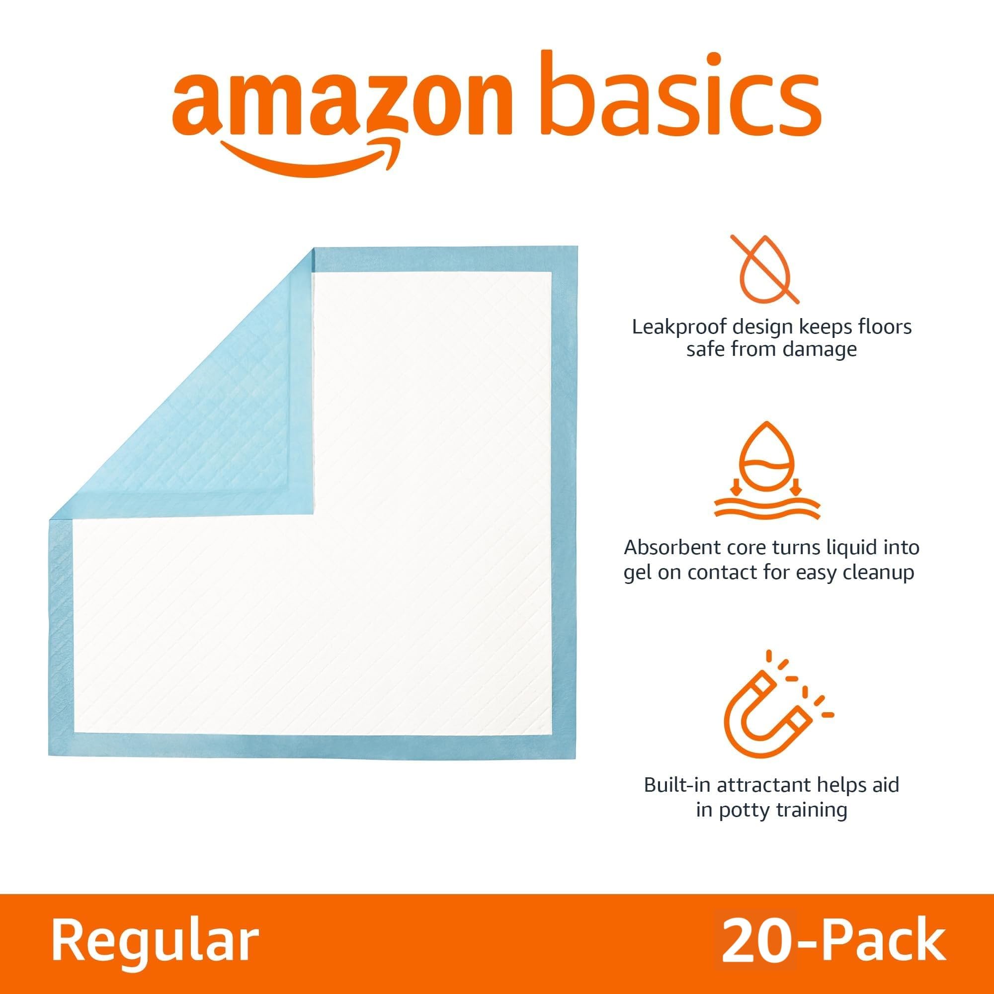 Amazon Basics Heavy Duty Absorbent Dog and Puppy Pee Pads with 5-Layer Leak-Proof Design and Quick-Dry Surface for Potty Training, Regular Size, 24 x 23 Inches, Blue & White, 20-Count