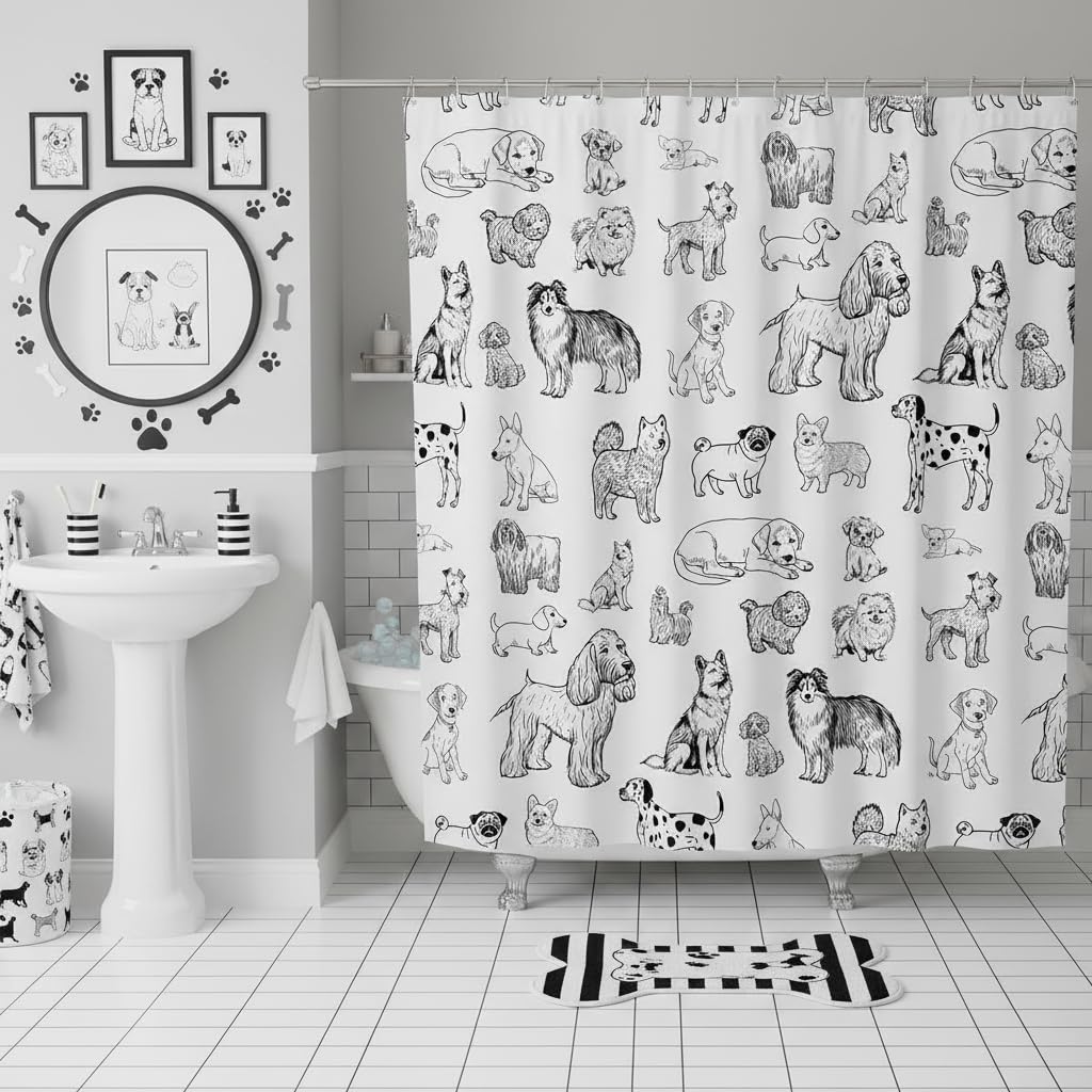 Homewish Cartoon Dog Shower Curtain Black White Dog Puppy Sketch Bathroom Curtains for Kids Girls Boys Adult Room Decor Cute Pet Animals Waterproof Quick Dry Fabric,12 Hooks,72" Wx72 L