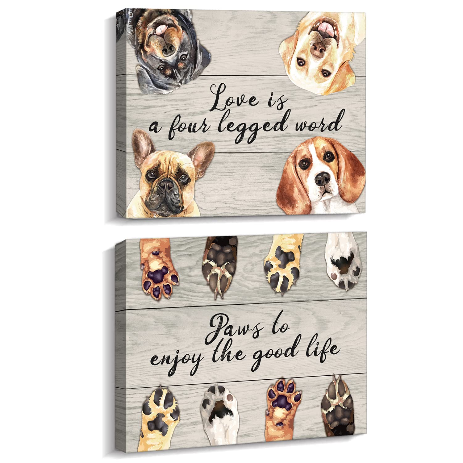 KAIRNE Love is a Four Legged Word Art Prints,Dogs Signs for Home Decor,Animals Paintings,Pet Dogs Footprints Wall Art set of 2 (12x16inch,framed) Cute Puppy Paws Posters For Dog Lover Home Decoration