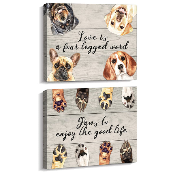 KAIRNE Love is a Four Legged Word Art Prints,Dogs Signs for Home Decor,Animals Paintings,Pet Dogs Footprints Wall Art set of 2 (12x16inch,framed) Cute Puppy Paws Posters For Dog Lover Home Decoration