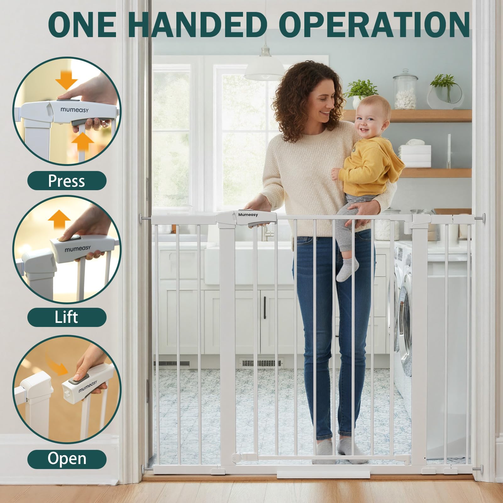 Mumeasy 36" Extra Tall Dog Gate, Auto Close Baby Gate for Stairs Doorways, 29.7-46" Wide Walk Thru Child Safety Gate for House, Easy Install Pressure Mounted Metal Pet Gate with Door, White