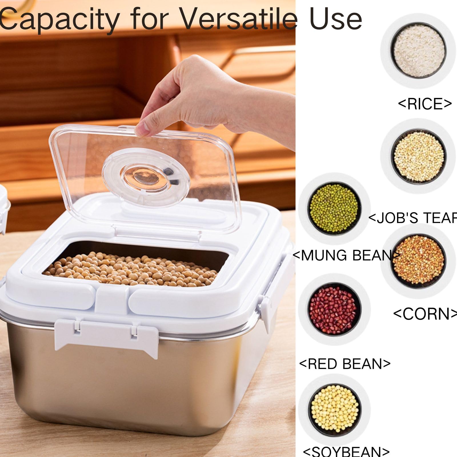 Saim Rice Containers Stainless Steel, Metal Flour Storage Container with Silicone Airtight Lid and Scoop, Measuring Cup/Portable Rice Dispenser for Dry Beans,Oatmeal and Grains (20Lbs)