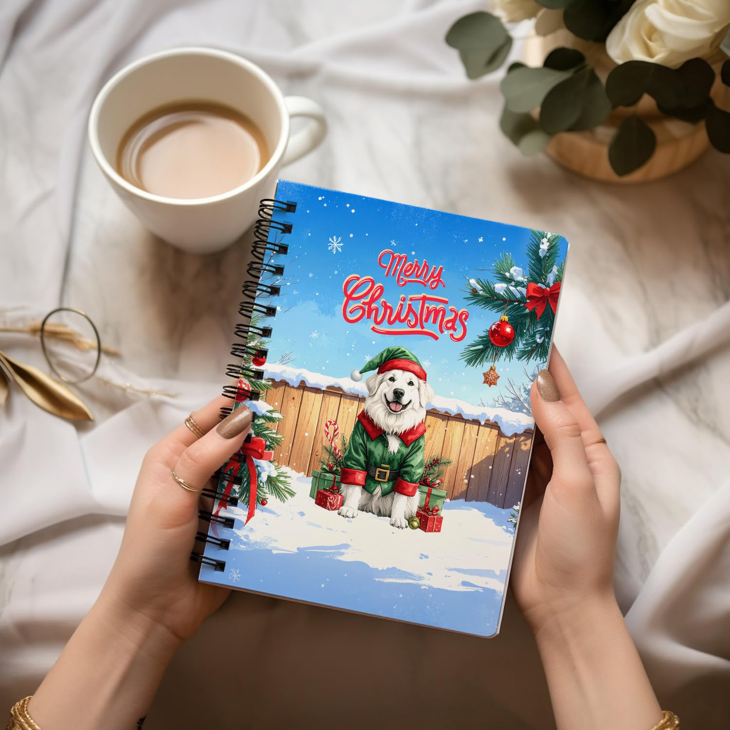 Ninety3POD Merry Christmas Woofmas Xmas Noel Great Pyrenees Elf Candy Cane Snow Spiral Bound Journal Pyr Dog Lover 5x7in Spiral Notebook 13017