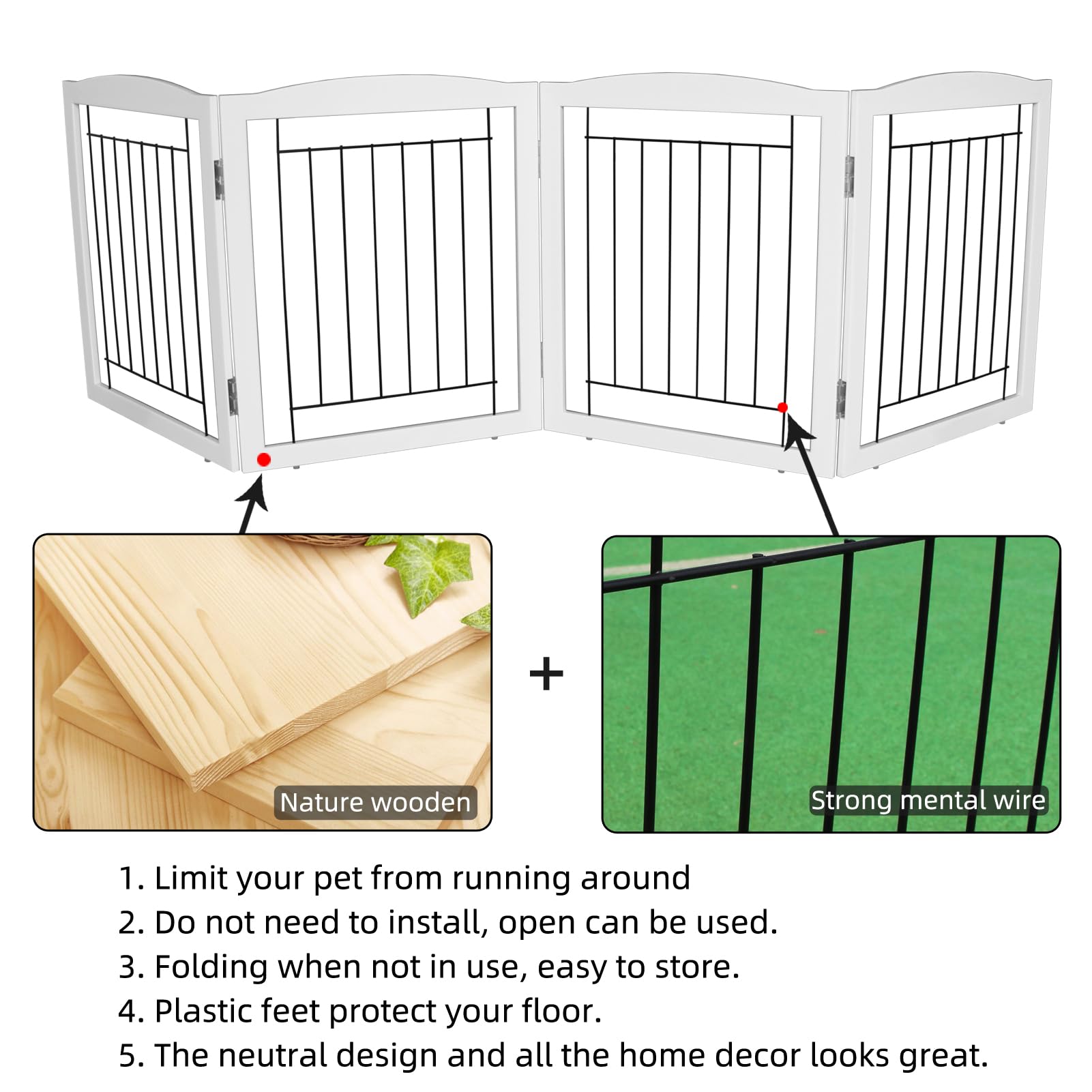 ZJSF Freestanding Foldable Dog Gate for House Extra Wide Wooden White Indoor Puppy Gate Stairs Dog Gates Doorways Tall Pet Gate 4 Panels Fence