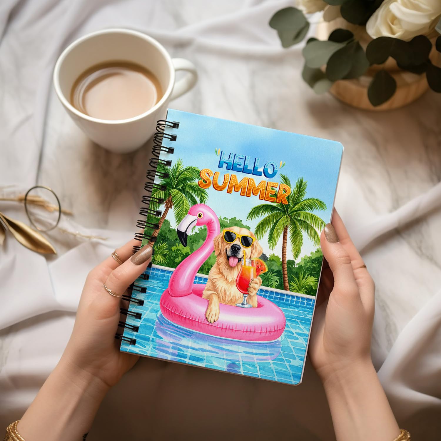 Ninety3POD Hello Summer Great Pyrenees at Swimming Pool Flamingo Swim Ring Spiral Bound Journal Pyr Dog Lover 5x7in Spiral Notebook 12009