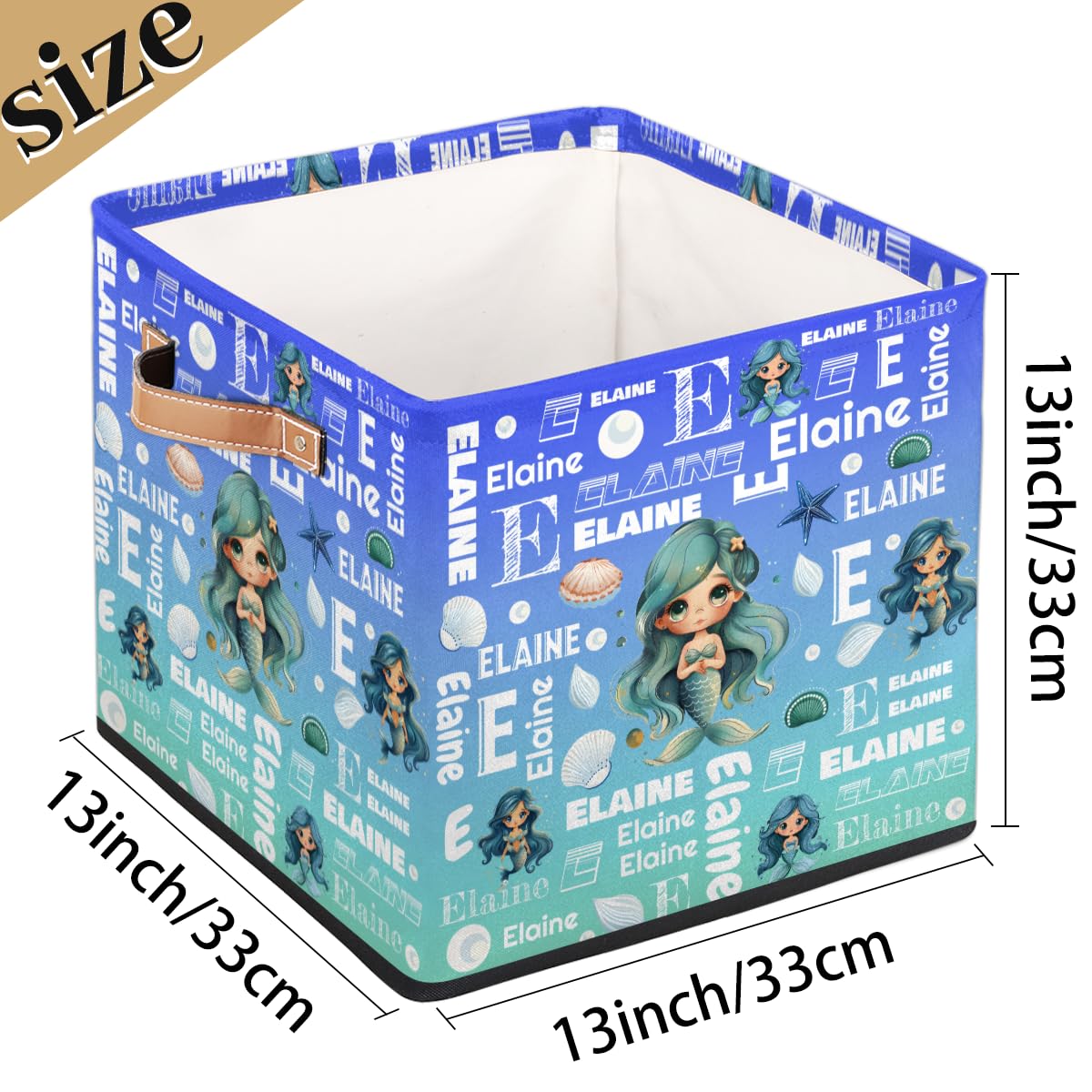Mardesigns Mermaid Custom Cube Storage Bins, Personalized Cute Animals 13 Inch Bowknot Foldable Closet Storage Cube Organizer Basket with Handle for Shelves Home