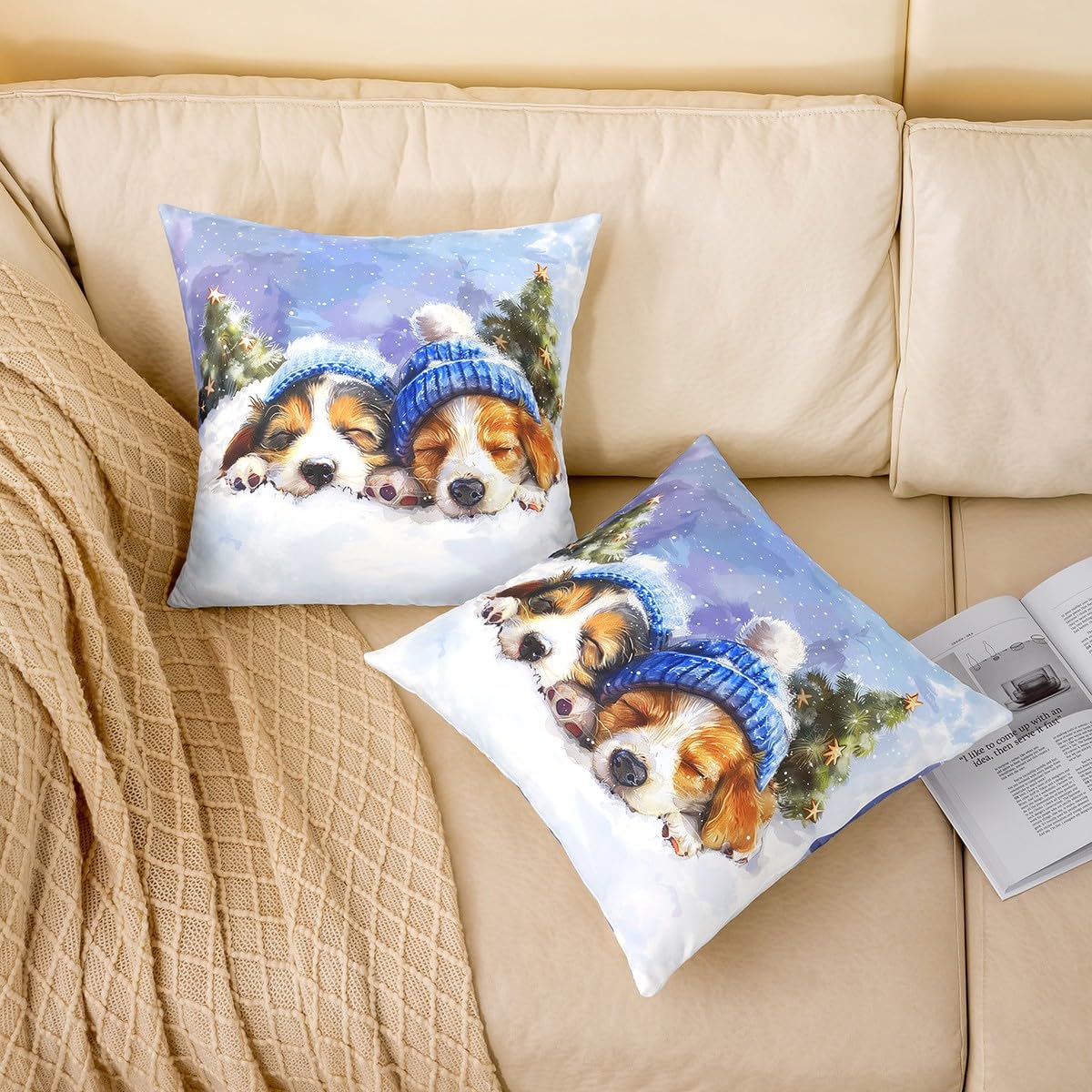 Manfei Lovely Puppies Throw Pillow Covers Set of 2 Merry Christmas Snow Cushion Covers for Couch Sofa Cute Dog Winter Style Decorative Pillowcases Blue White Orange Outdoor Pillows Covers,16"x16"