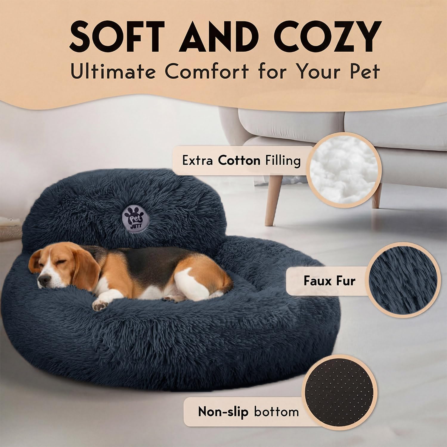 PetJett Calming Dog Bed Medium Size Dog - 30'' Donut Bed, Washable Dog Bed, Anti-Slip & Super Soft Fluffy Plush Round Dog Bed, Anti-Anxiety Premium Comfort Pet Bed, Fits Dogs Upto 45 lbs - Dark Grey