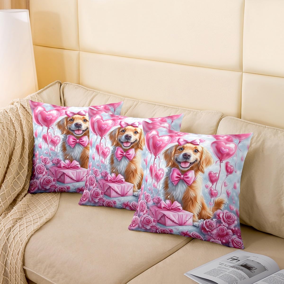 Manfei Cute Dog Throw Pillow Covers Set of 2 Pink Rose Flowers Balloon Cushion Covers for Couch Sofa Valentine's Day Puppy Decorative Pillowcases Soft Outdoor Pillows Covers,16"x16"
