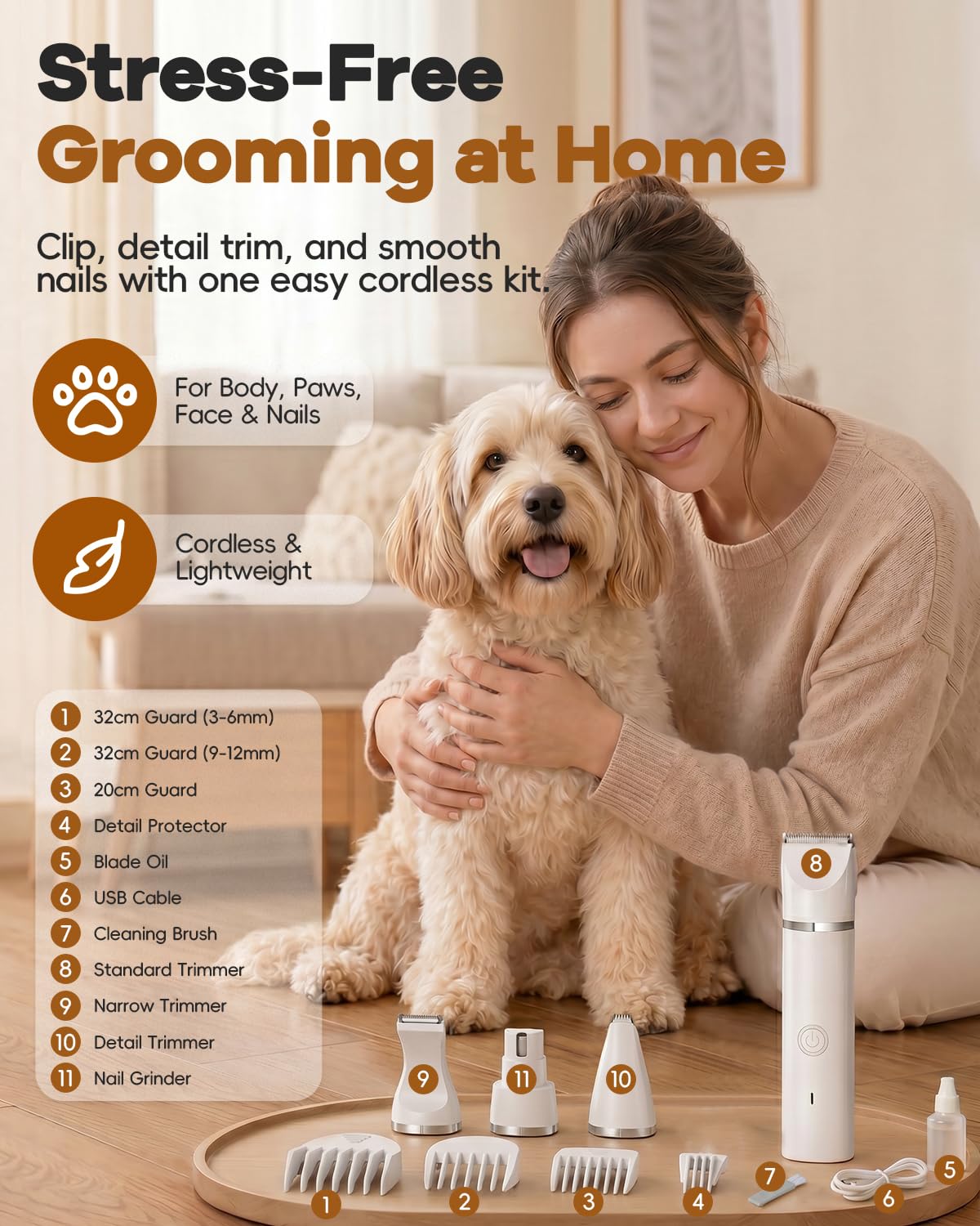 Veeconn Dog Clippers Grooming Kit Hair Clipper-Low Noise Paw Trimmer- Rechargeable - Cordless Quiet Nail Grinder Shaver for Cats and Other Pets