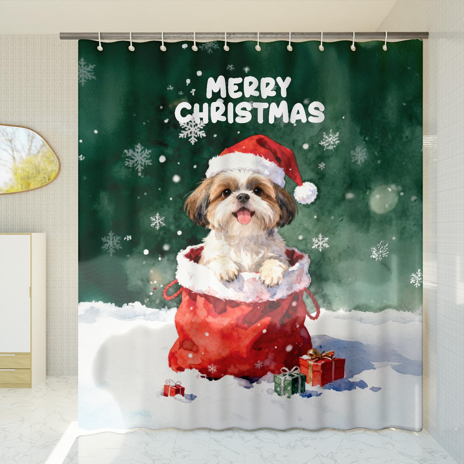 Ninety3POD Santa Surprise Gift Shih Tzu Merry Cheerful Christmas Shower Curtain Lion Dog Lover Gifts Waterproof Bathroom Bathtub Curtain 12021