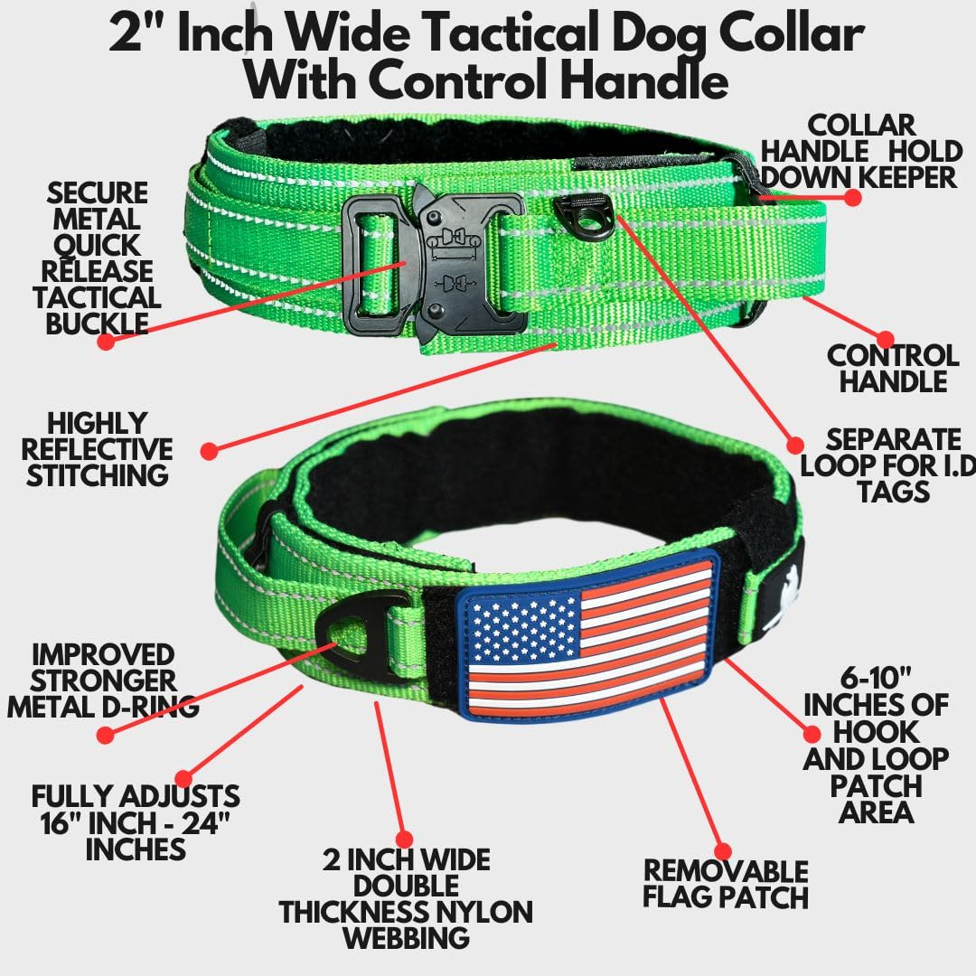 2-Inch Wide Tactical Dog Collar with Control Handle, Adjustable for Medium & Large Dogs, Military Style with Heavy-Duty Metal Buckle, USA Flag Patch & Customizable Name Plate, Training & Everyday Use