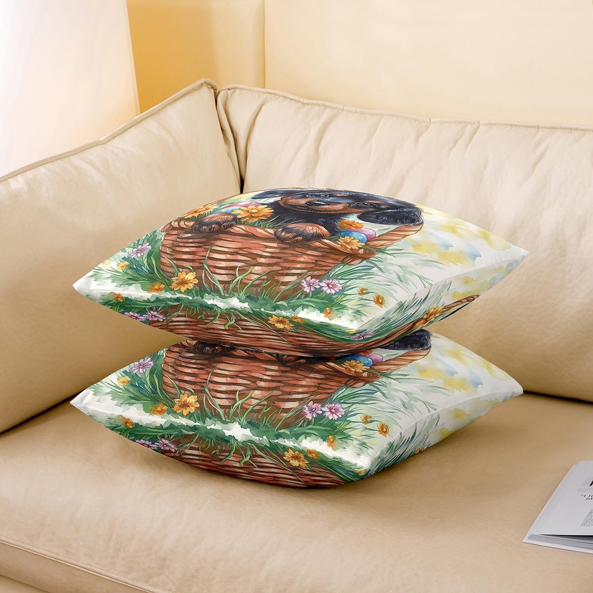 Cute Dog Throw Pillow Covers Set of 2 Happy Easter Eggs Cushion Covers for Couch Sofa Spring Style Lovely Puppy Decorative Pillowcases Soft Outdoor Pillows Covers,16"x16"