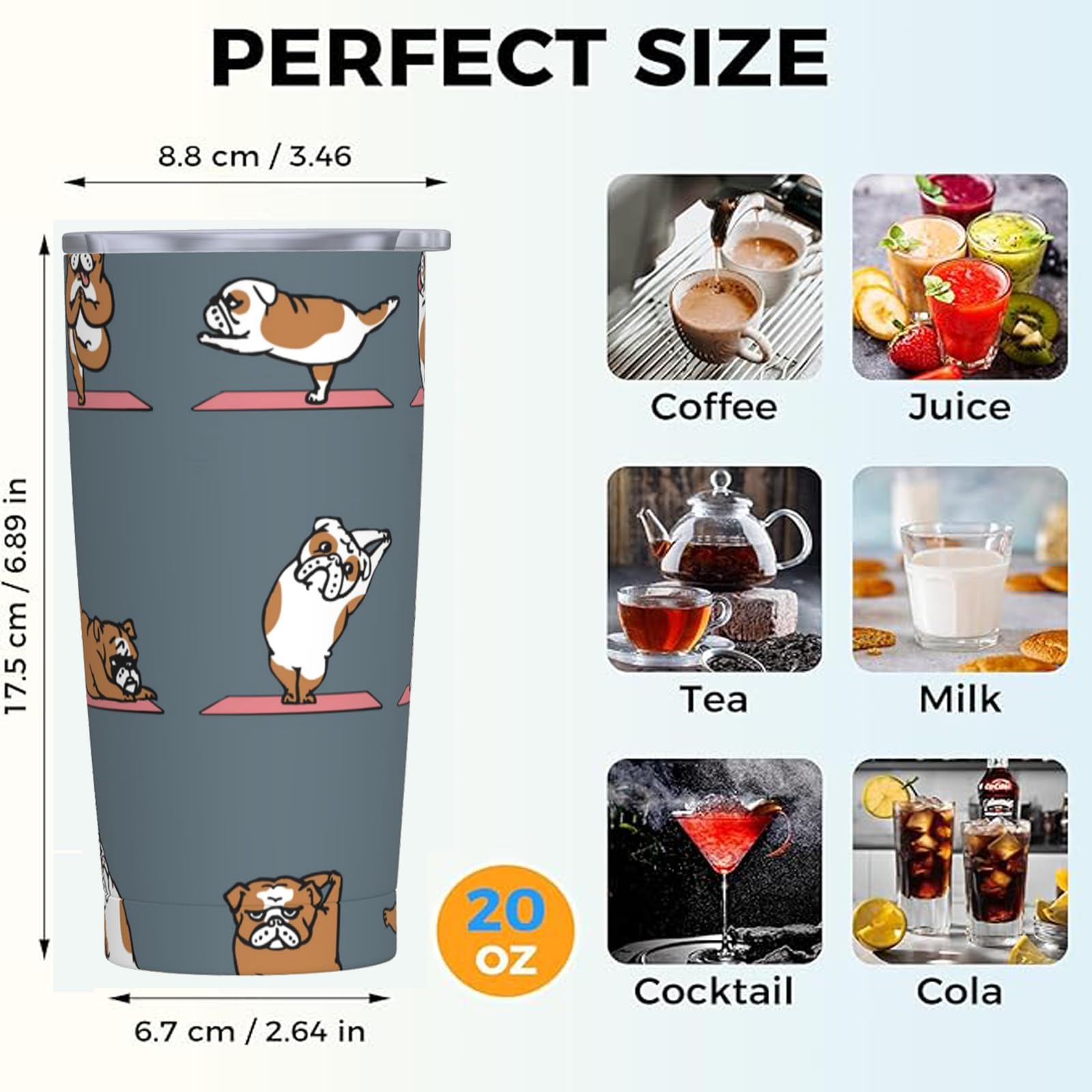 Yipaidel English Bulldog Yoga Stainless Steel Tumbler 20 OZ —— Quality 18/8 304 Food Grade Stainless Steel, Insulated Double-Wall, Keep Drinks Hot and Cold longer, Suitable for Drinking Any Beverage