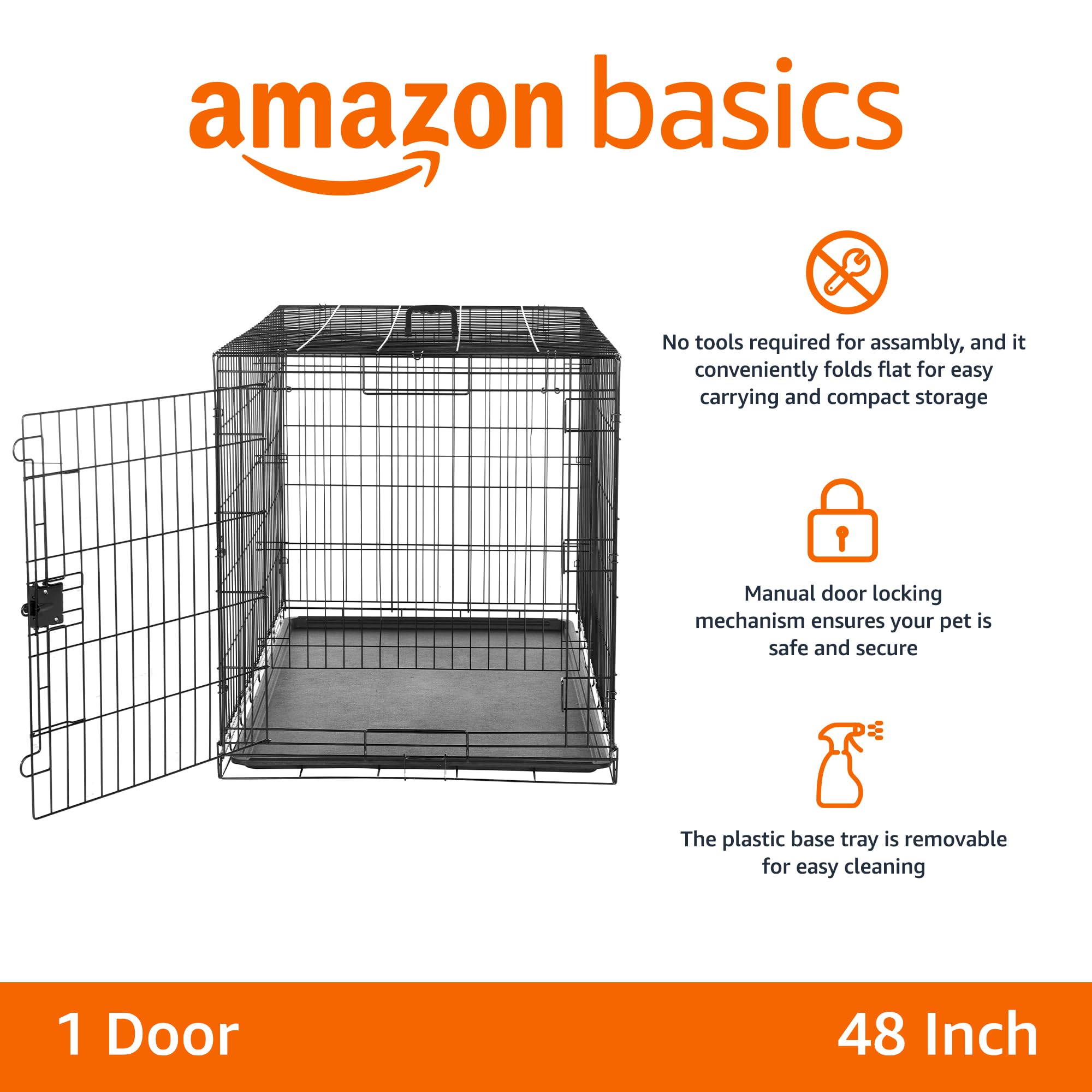 Amazon Basics Portable, Foldable Metal Wire Dog Crate with Removable Tray, Divider Panel, Easy to Assemble, for Large Dogs, 48 x 30 x 32.5 in, Black