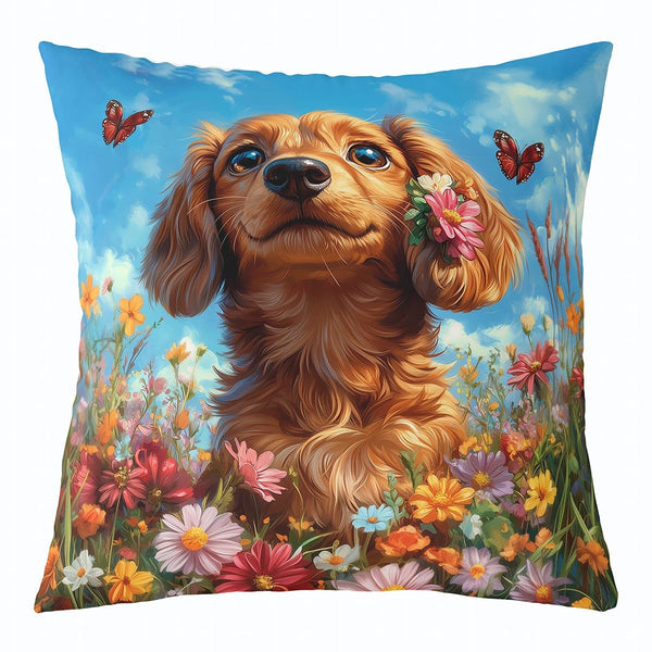 Manfei Cute Dog Throw Pillow Cover Spring Flowers Colorful Square Cushion Case Lovely Puppy Rustic Decor Throw Porch Pillows Cases for Couch Sofa Living Room,Soft Pillowcases,18x18 Inches