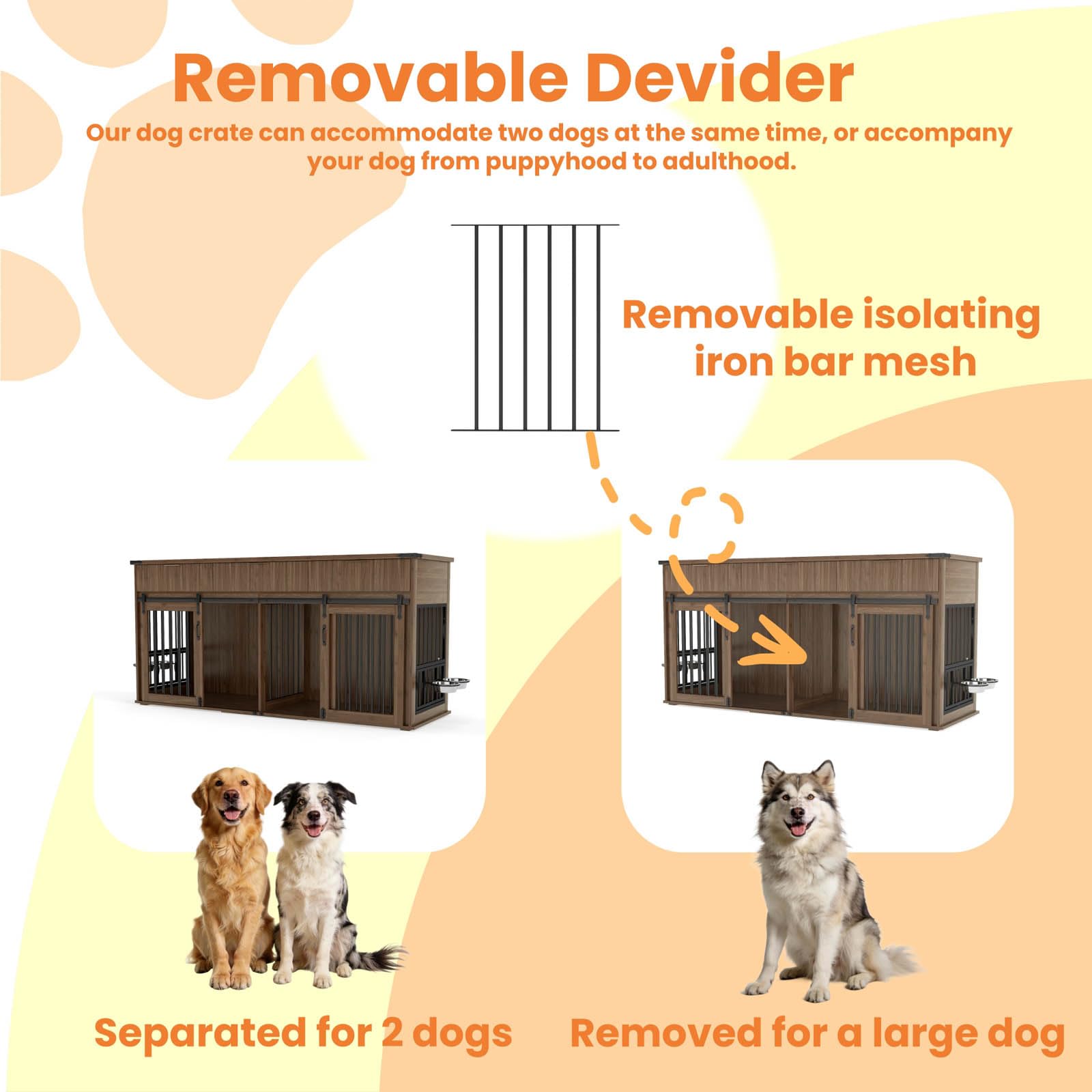71'' Dog Crate Furniture for 2 Dogs, Wooden Double Dog Kennel with Removable Divider & 360° Rotating Feeder, 3 Fluted Drawers, Charging Station, TV Stand or Side Table (White)