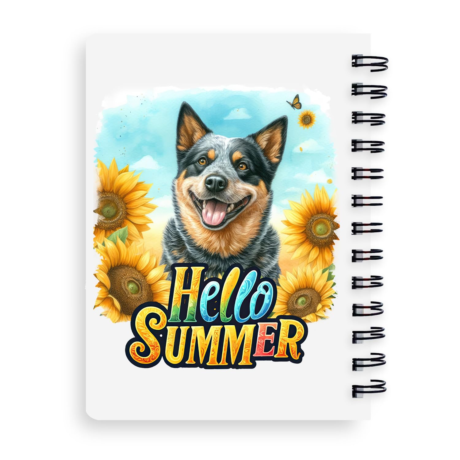 Ninety3POD Australian Cattle Dog Hello Summer Sunshine Sunflowers Spring Retro Vintage Spiral Bound Journal Heeler Lover Gifts 5x7in Spiral Notebook - 008