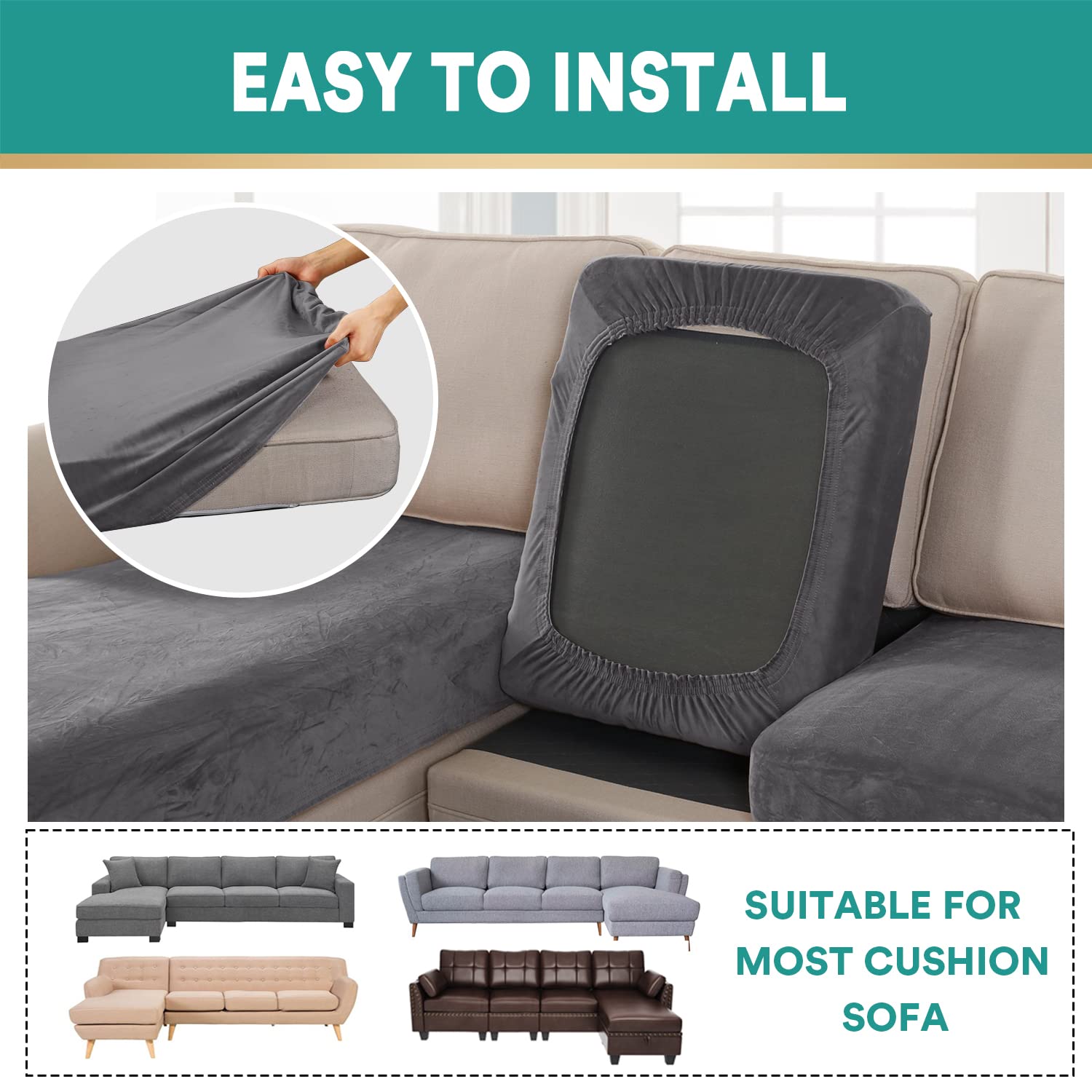 MIFXIN Sectional Couch Covers 4 Piece Stretch Velvet Sofa Seat Cushion Cover Set L Shape Separate Cushion Chaise Slipcover Furniture Protector for Both Left/Right Sectional Couch (Grey)